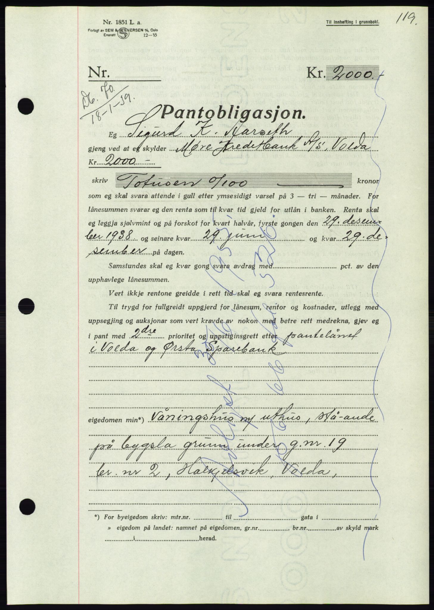 Søre Sunnmøre sorenskriveri, AV/SAT-A-4122/1/2/2C/L0067: Pantebok nr. 61, 1938-1939, Dagboknr: 70/1939