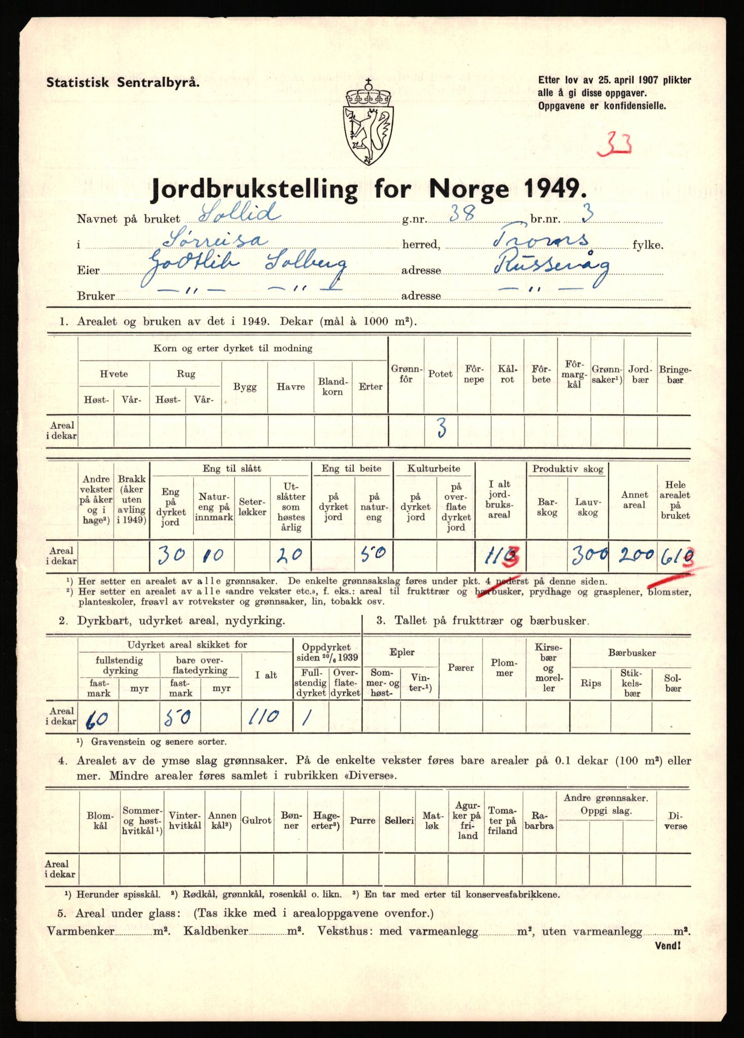 Statistisk sentralbyrå, Næringsøkonomiske emner, Jordbruk, skogbruk, jakt, fiske og fangst, AV/RA-S-2234/G/Gc/L0440: Troms: Sørreisa og Dyrøy, 1949, s. 890