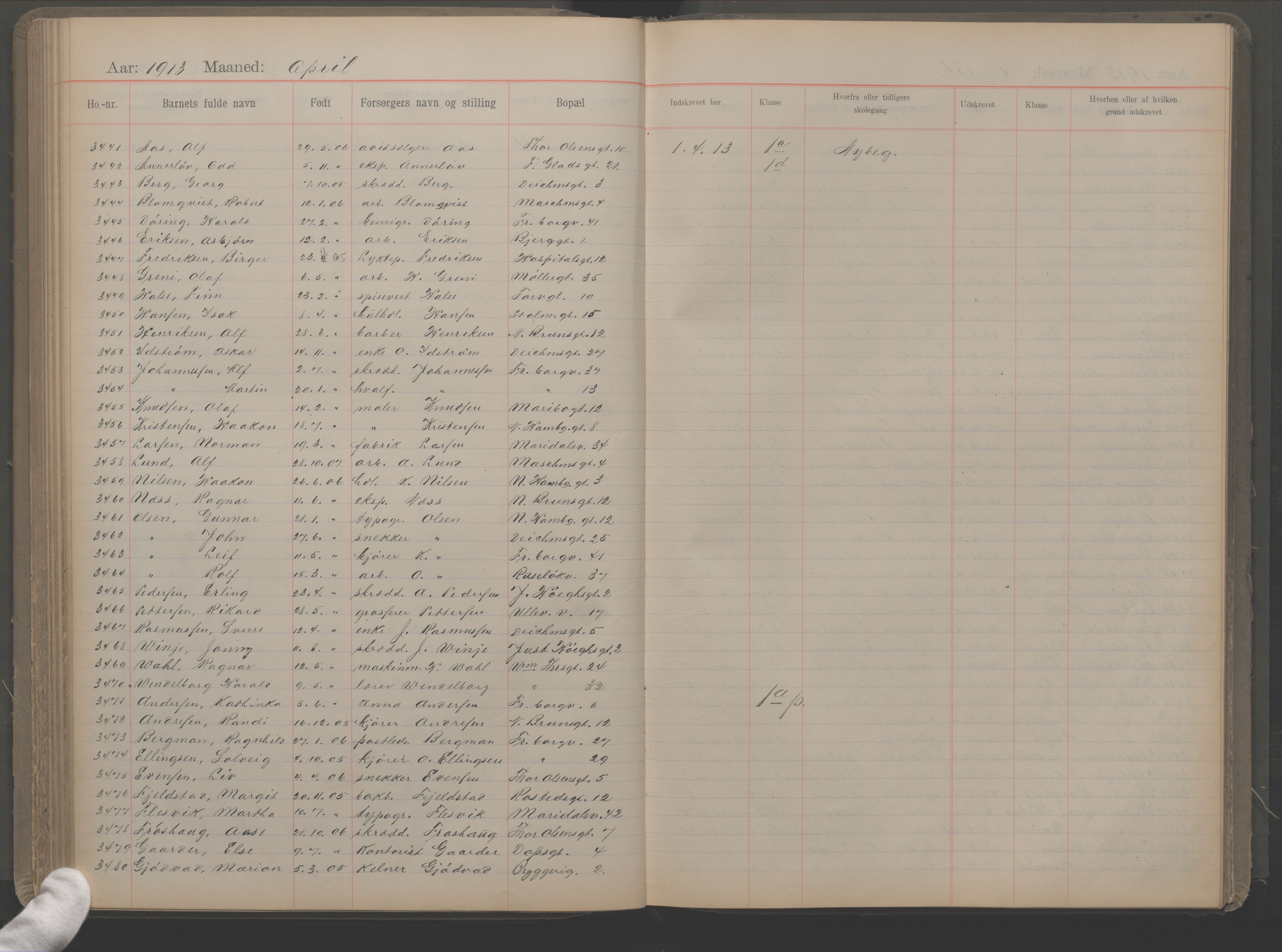 Møllergata skole, OBA/A-20129/F/Fa/L0002: Ut-/innskrivningsprotokoll, 1907-1932, s. 91