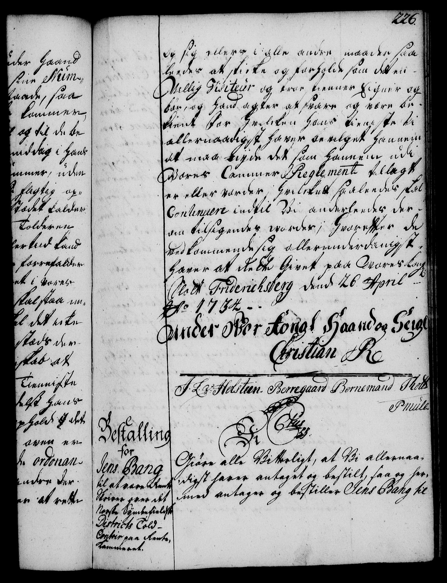 Rentekammeret, Kammerkanselliet, RA/EA-3111/G/Gg/Gge/L0002: Norsk bestallingsprotokoll med register (merket RK 53.26), 1730-1744, s. 226