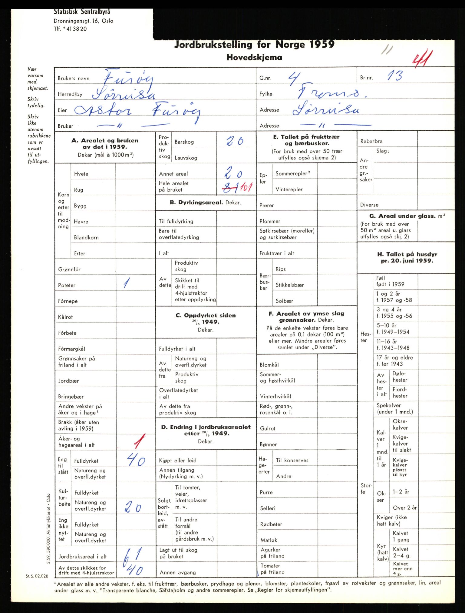 Statistisk sentralbyrå, Næringsøkonomiske emner, Jordbruk, skogbruk, jakt, fiske og fangst, AV/RA-S-2234/G/Gd/L0656: Troms: 1924 Målselv (kl. 0-3) og 1925 Sørreisa, 1959, s. 1226