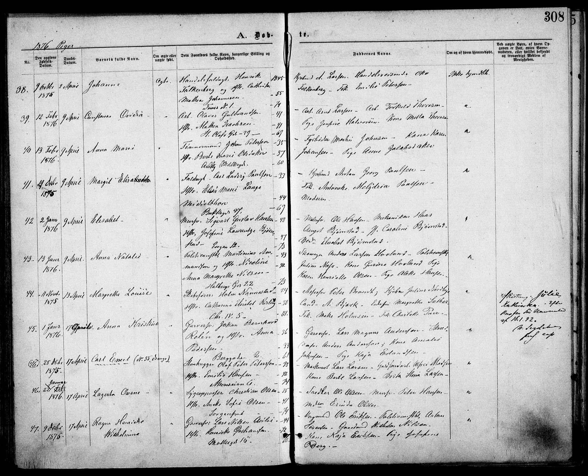Trefoldighet prestekontor Kirkebøker, AV/SAO-A-10882/F/Fa/L0003: Ministerialbok nr. I 3, 1870-1876, s. 308