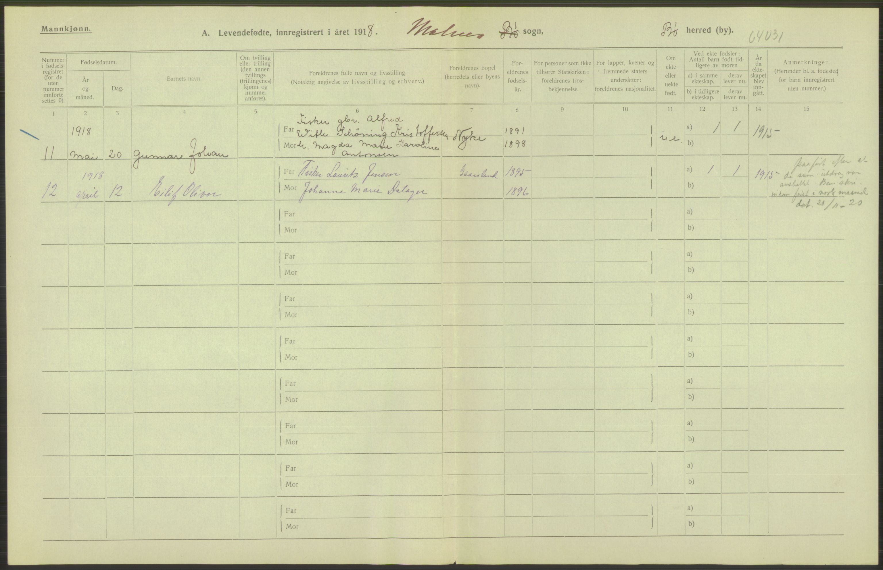 Statistisk sentralbyrå, Sosiodemografiske emner, Befolkning, RA/S-2228/D/Df/Dfb/Dfbh/L0053: Nordland fylke: Levendefødte menn og kvinner. Bygder og byer., 1918, s. 108