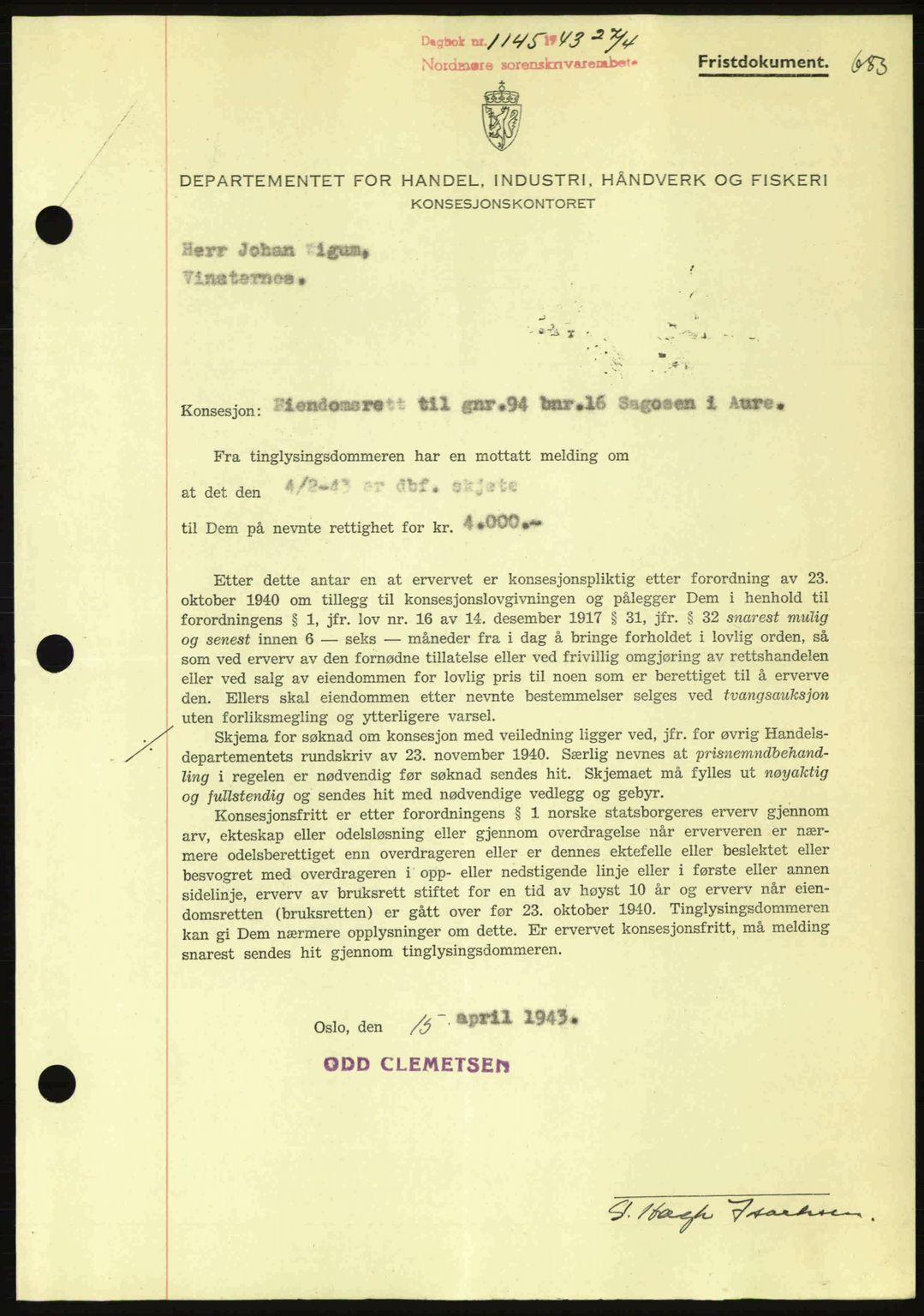 Nordmøre sorenskriveri, SAT/A-4132/1/2/2Ca: Pantebok nr. B90, 1942-1943, Dagboknr: 1145/1943