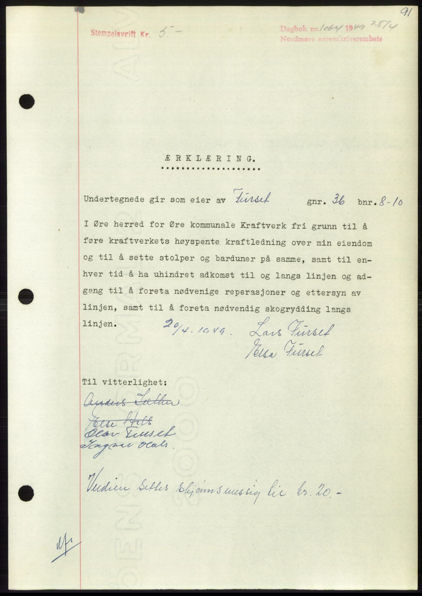 Nordmøre sorenskriveri, SAT/A-4132/1/2/2Ca: Pantebok nr. B101, 1949-1949, Dagboknr: 1064/1949