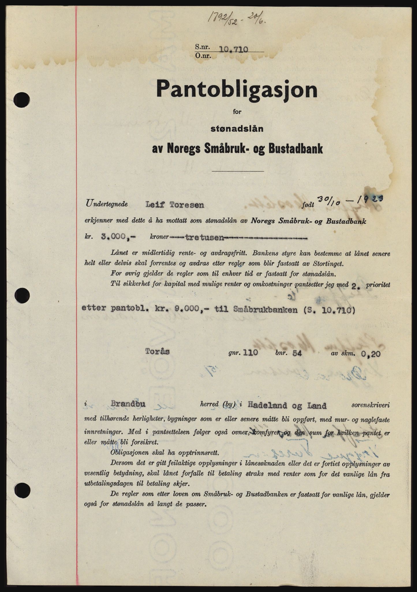 Hadeland og Land tingrett, SAH/TING-010/H/Hb/Hbc/L0024: Pantebok nr. B24, 1952-1952, Dagboknr: 1792/1952