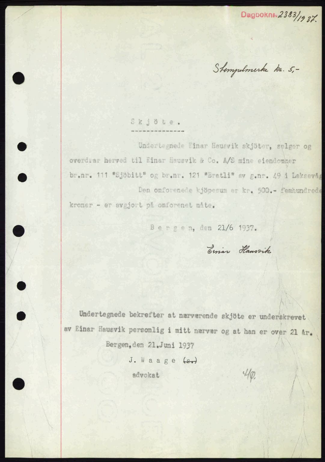 Midhordland sorenskriveri, SAB/A-3001/1/G/Gb/Gbk/L0001: Pantebok nr. A1-6, 1936-1937, Dagboknr: 2383/1937