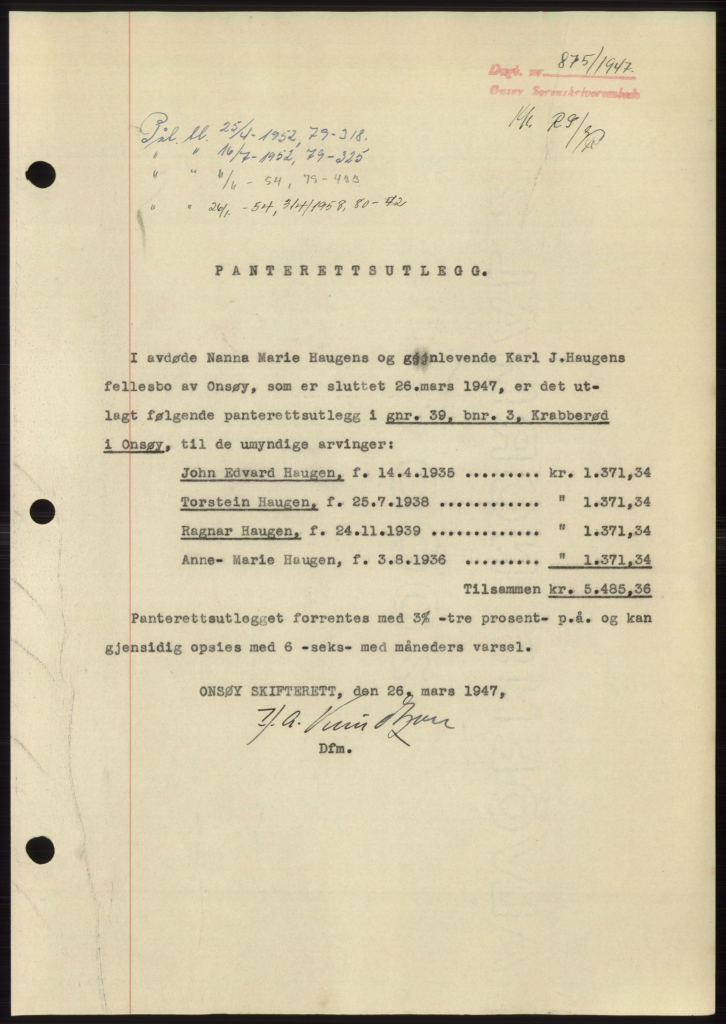 Onsøy sorenskriveri, SAO/A-10474/G/Ga/Gac/L0006: Pantebok nr. B 12-6, 1947-1948, Dagboknr: 875/1947