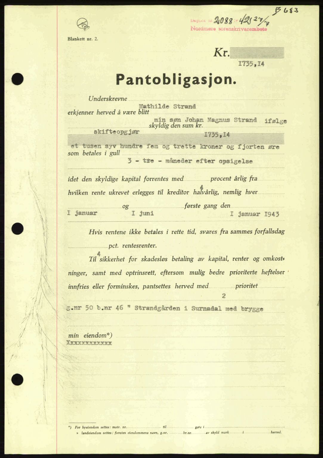 Nordmøre sorenskriveri, AV/SAT-A-4132/1/2/2Ca: Pantebok nr. B89, 1942-1942, Dagboknr: 2088/1942