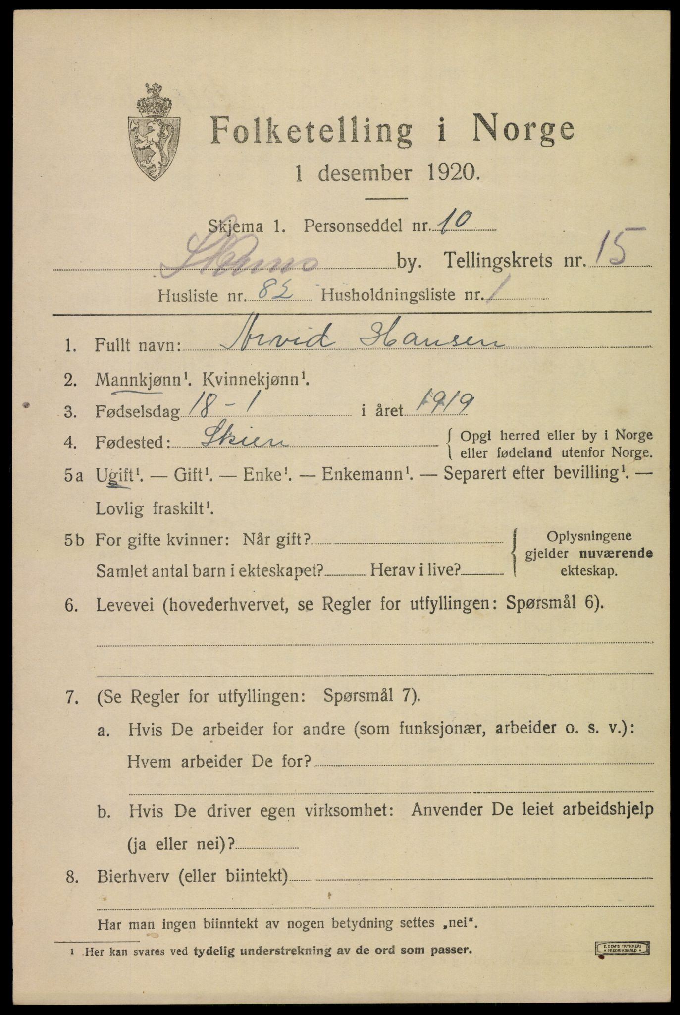 SAKO, Folketelling 1920 for 0806 Skien kjøpstad, 1920, s. 44844