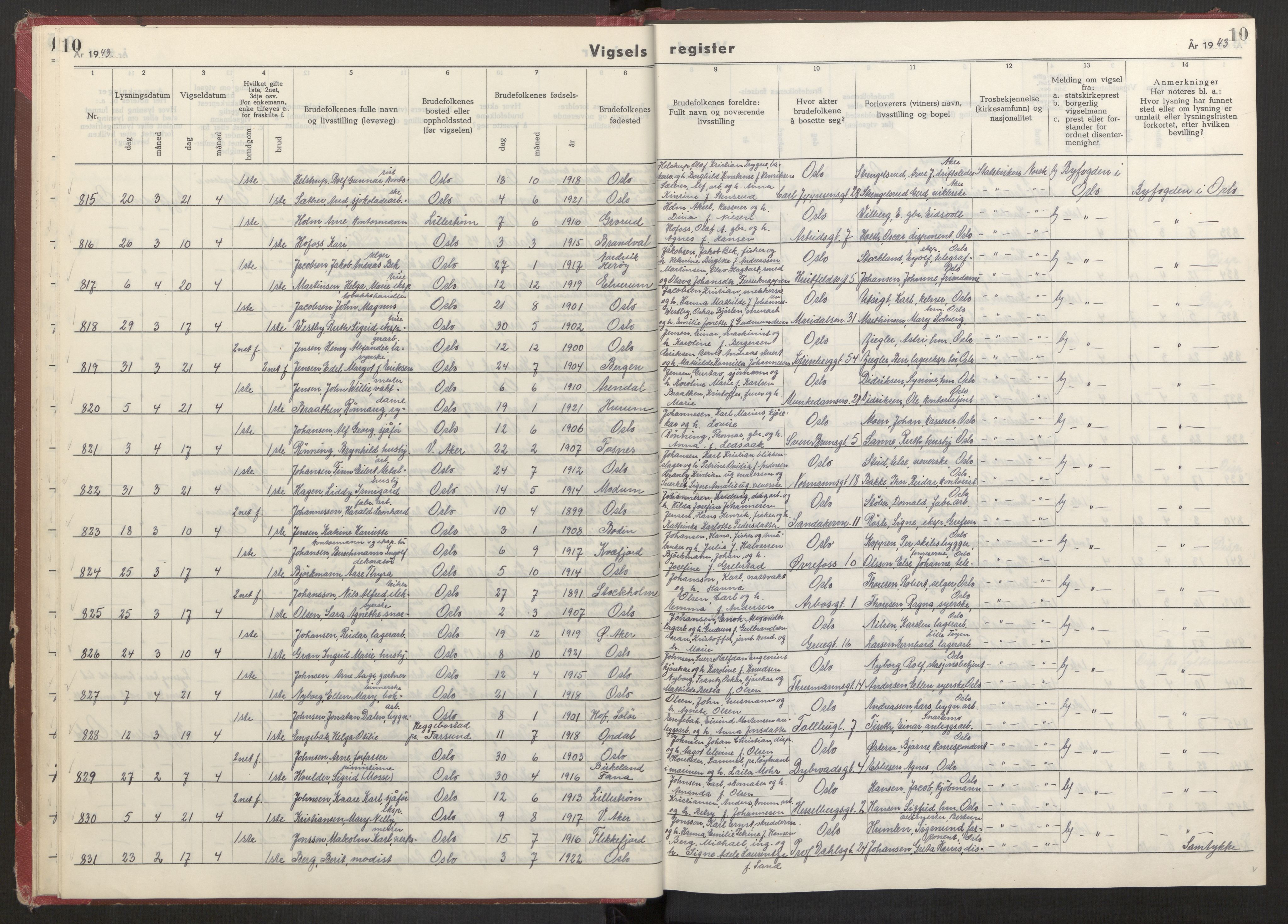 Oslo folkeregister, AV/SAO-A-10991/G/Ga/L0004: Vigselsregister for Oslo, 1943-1944, s. 10