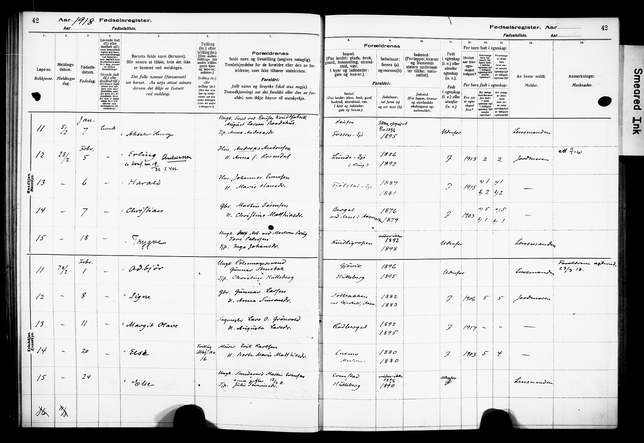 Ringsaker prestekontor, AV/SAH-PREST-014/O/Oa/L0001: Fødselsregister nr. 1, 1916-1925, s. 42