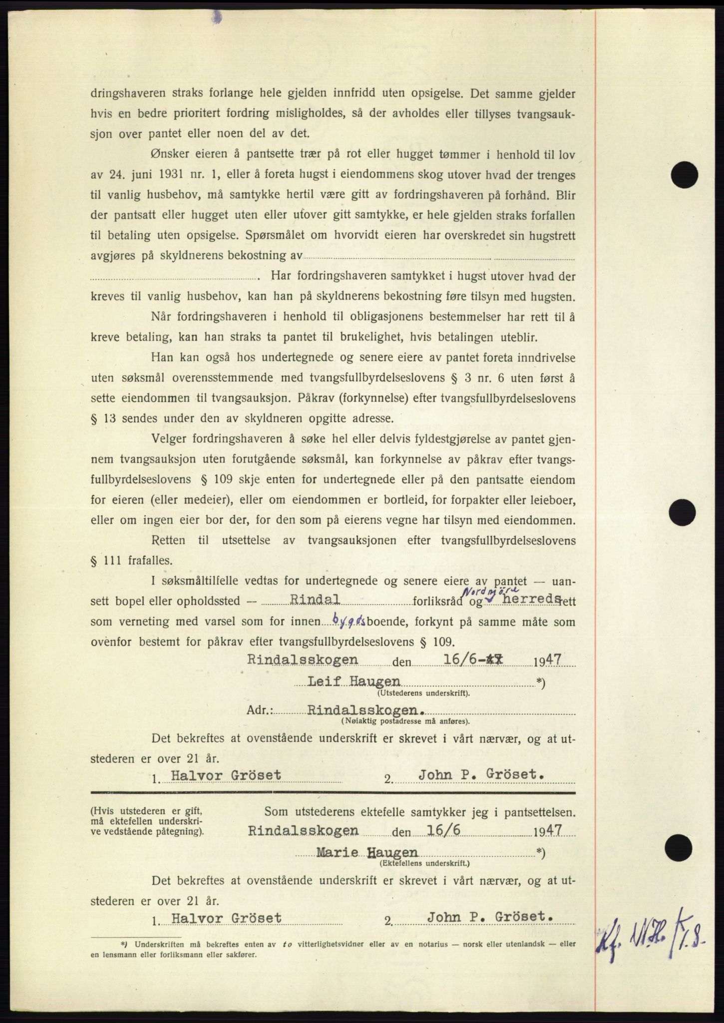 Nordmøre sorenskriveri, AV/SAT-A-4132/1/2/2Ca: Pantebok nr. B96, 1947-1947, Dagboknr: 1414/1947