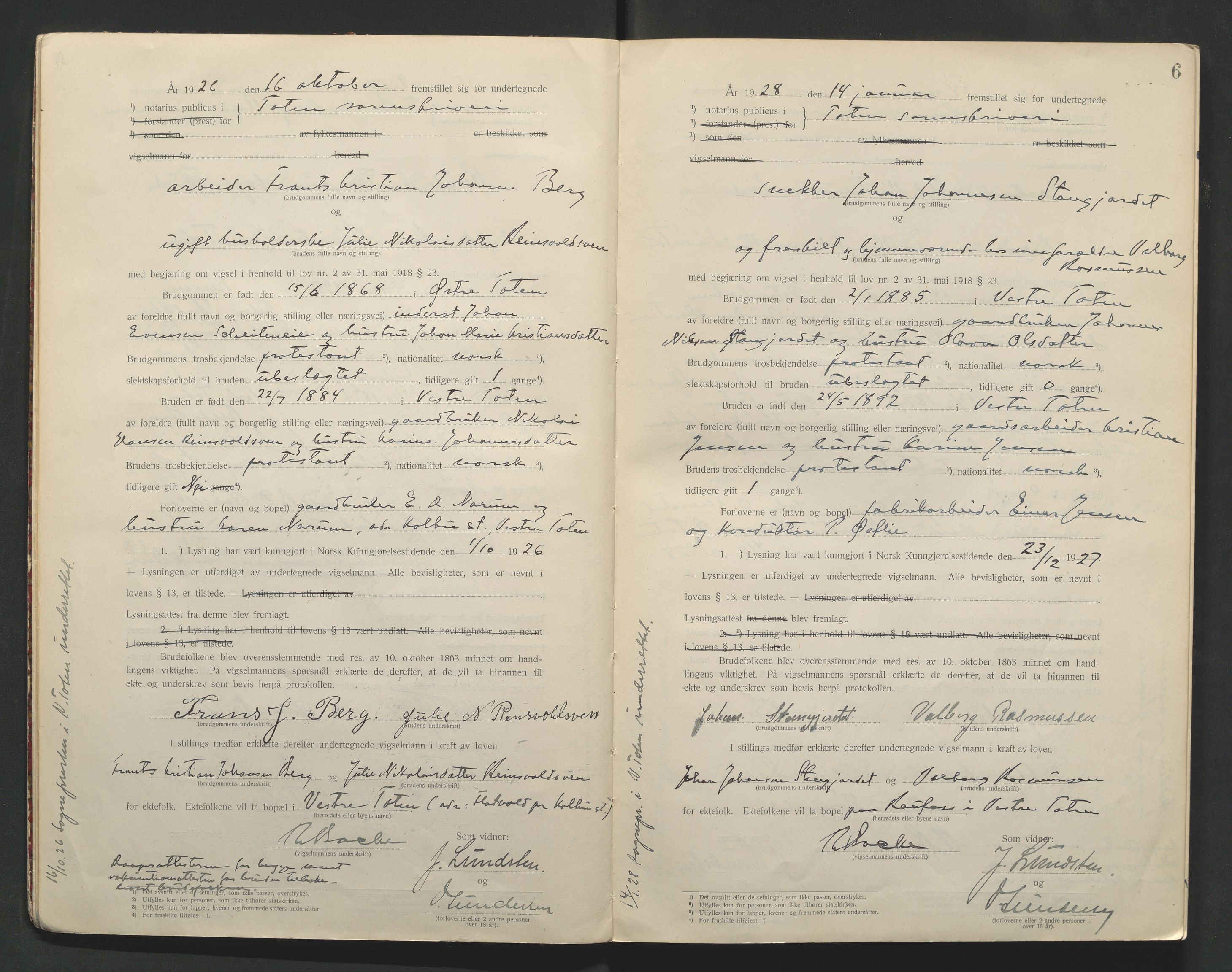 Toten tingrett, AV/SAH-TING-006/L/Lc/L0001: Vigselbok, 1920-1942, s. 6