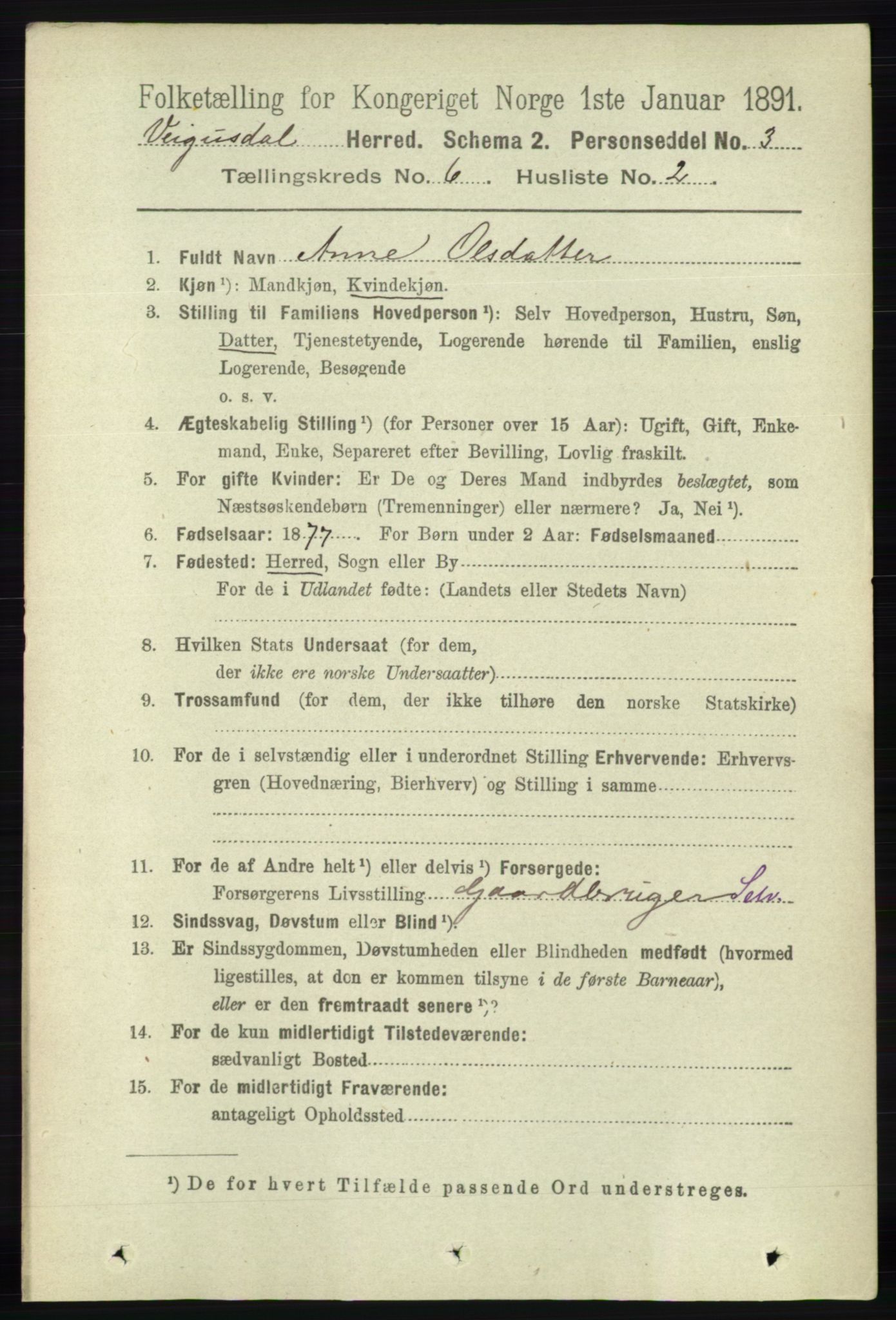 RA, Folketelling 1891 for 0934 Vegusdal herred, 1891, s. 1088