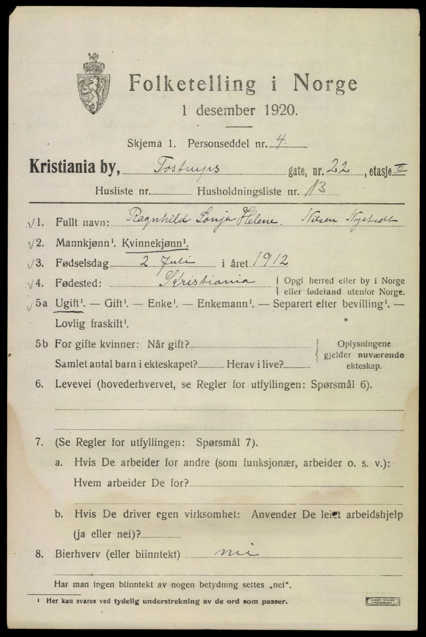 SAO, Folketelling 1920 for 0301 Kristiania kjøpstad, 1920, s. 595511