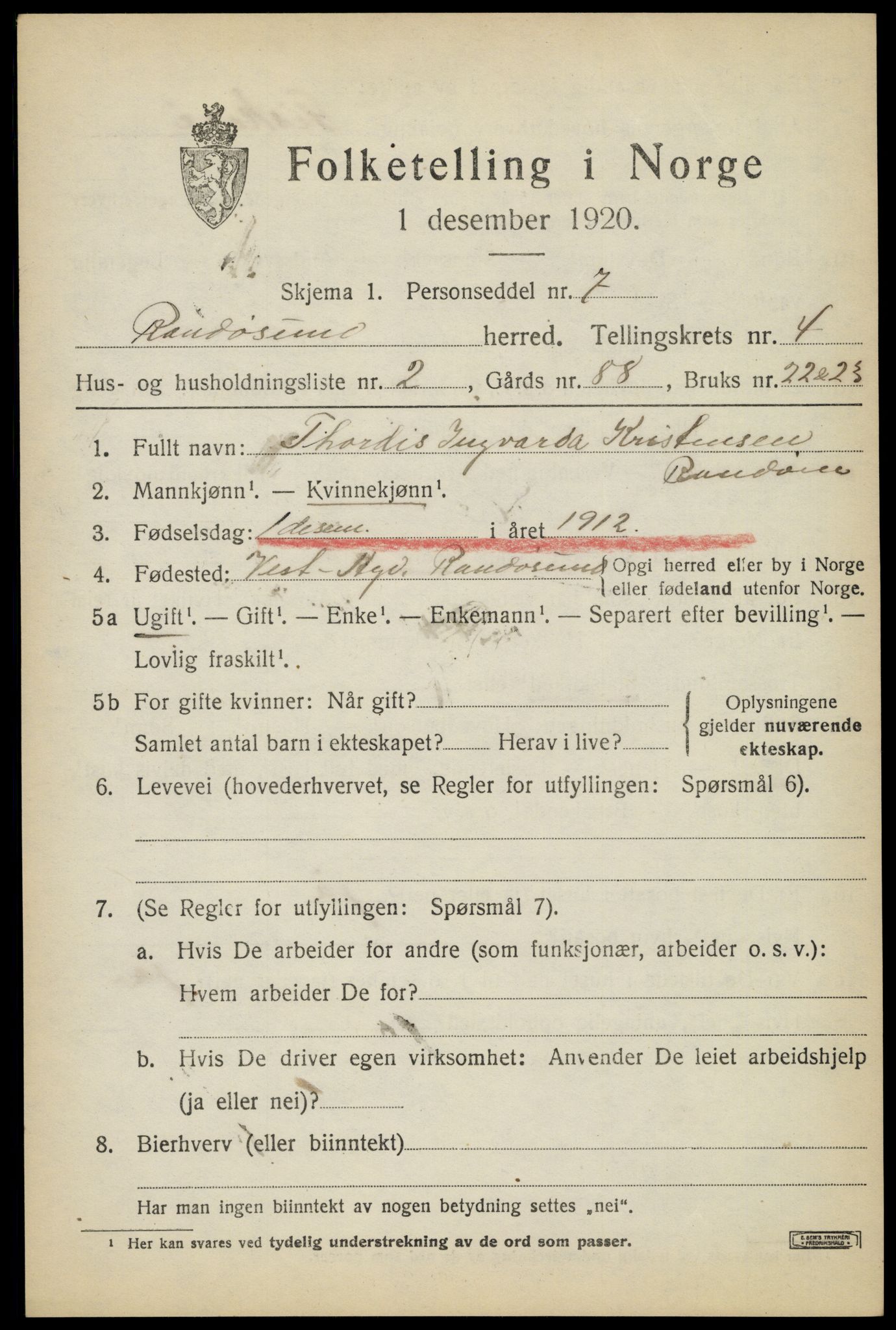 SAK, Folketelling 1920 for 1011 Randesund herred, 1920, s. 1808