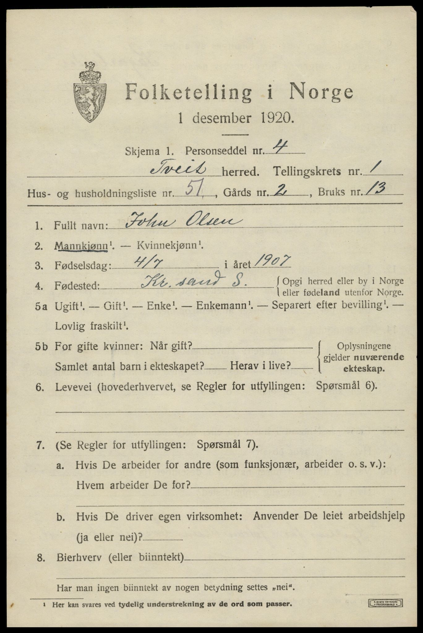 SAK, Folketelling 1920 for 1013 Tveit herred, 1920, s. 1208