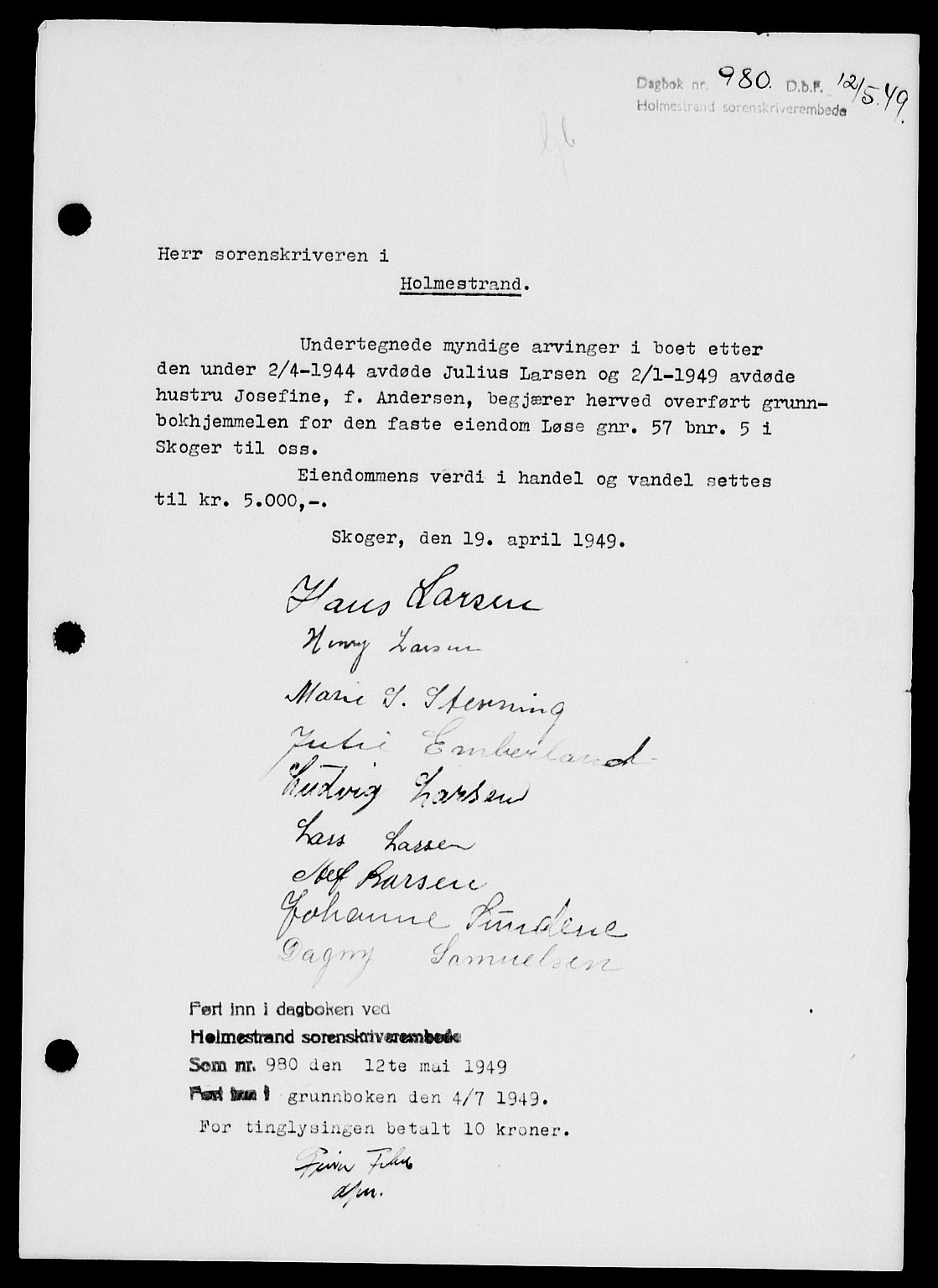 Holmestrand sorenskriveri, SAKO/A-67/G/Ga/Gaa/L0066: Pantebok nr. A-66, 1949-1949, Dagboknr: 980/1949