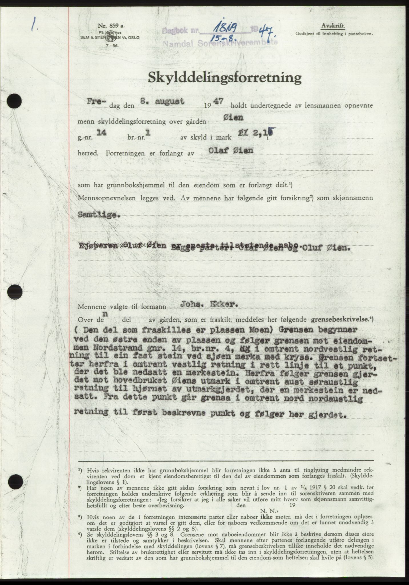 Namdal sorenskriveri, SAT/A-4133/1/2/2C: Pantebok nr. -, 1947-1947, Dagboknr: 1819/1947