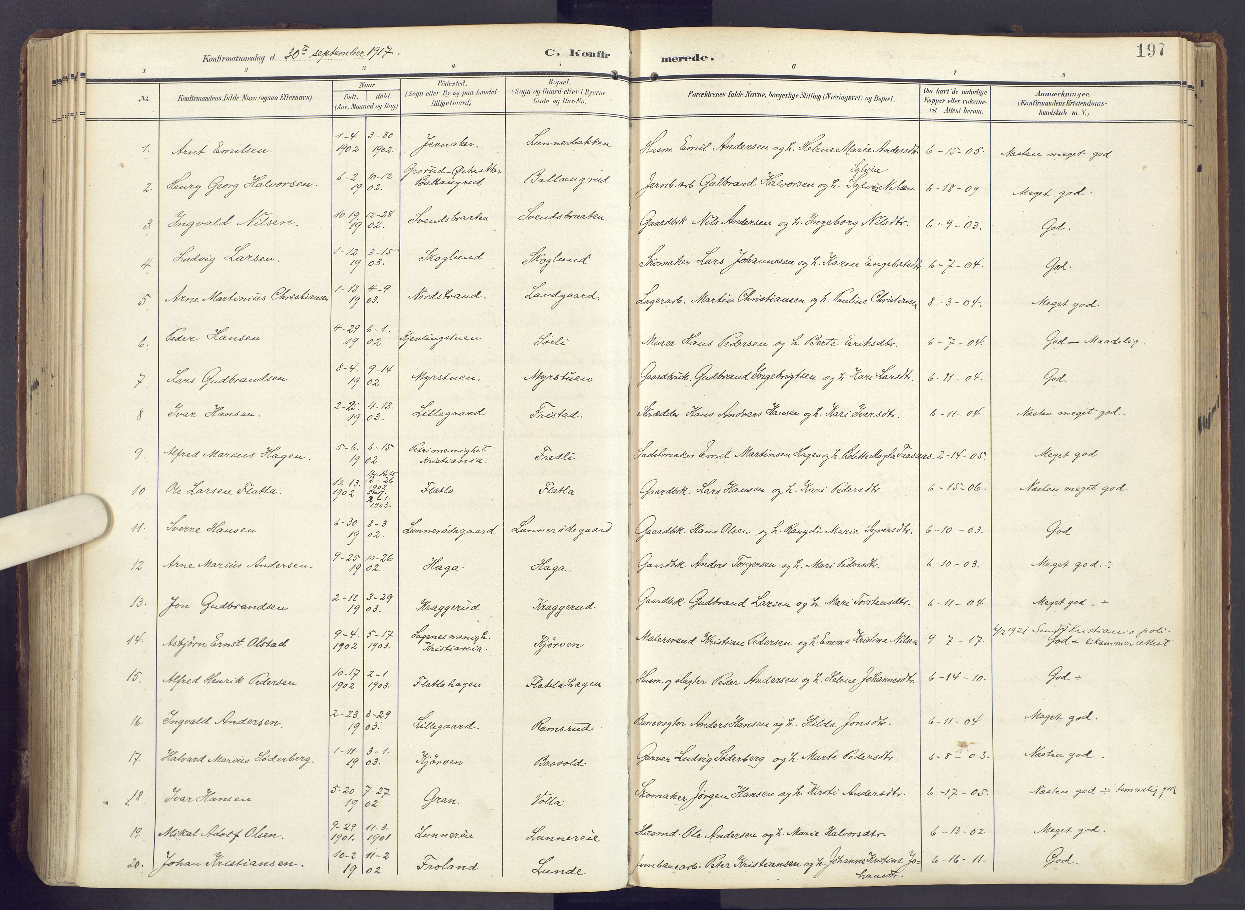 Lunner prestekontor, AV/SAH-PREST-118/H/Ha/Haa/L0001: Ministerialbok nr. 1, 1907-1922, s. 197