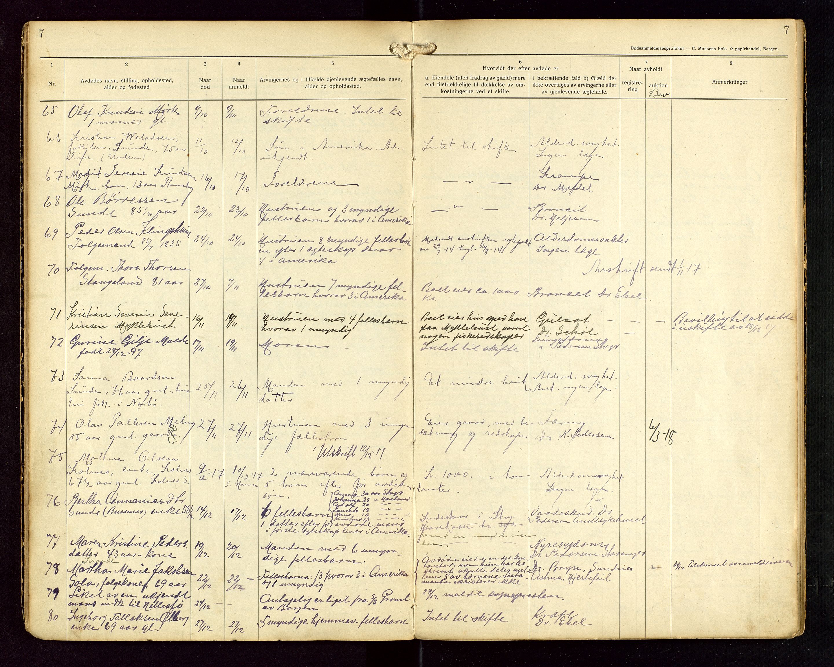 Håland lensmannskontor, AV/SAST-A-100100/Gga/L0002: "Dødsanmeldelser fra 6/9 1916 til 1926 i Haaland", 1916-1926, s. 7