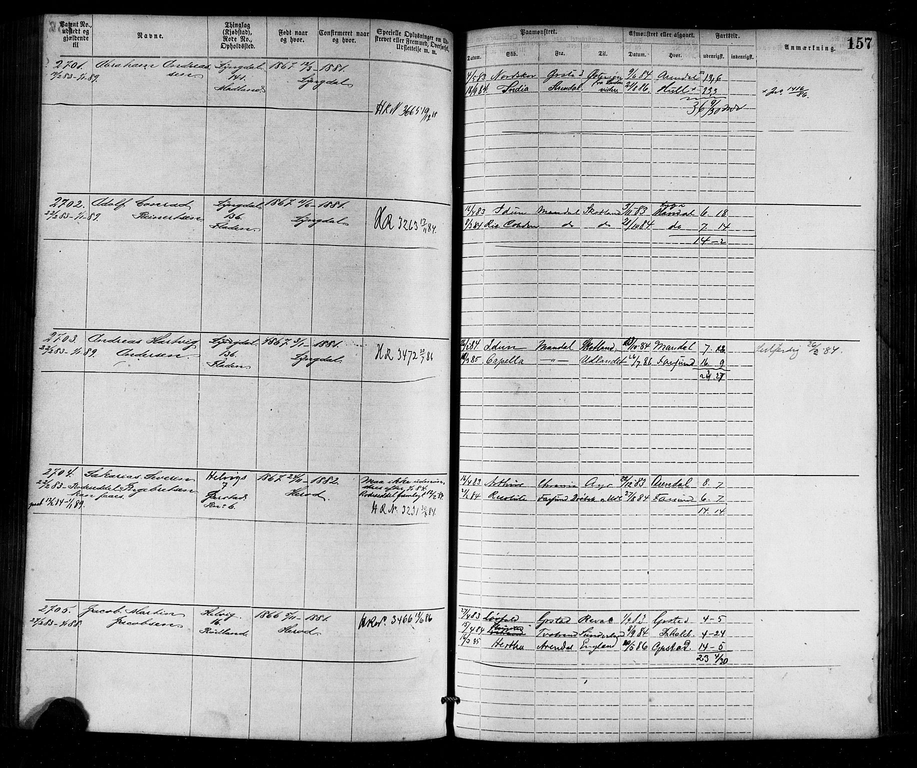 Farsund mønstringskrets, SAK/2031-0017/F/Fa/L0002: Annotasjonsrulle nr 1921-3815 med register, M-2, 1877-1894, s. 185