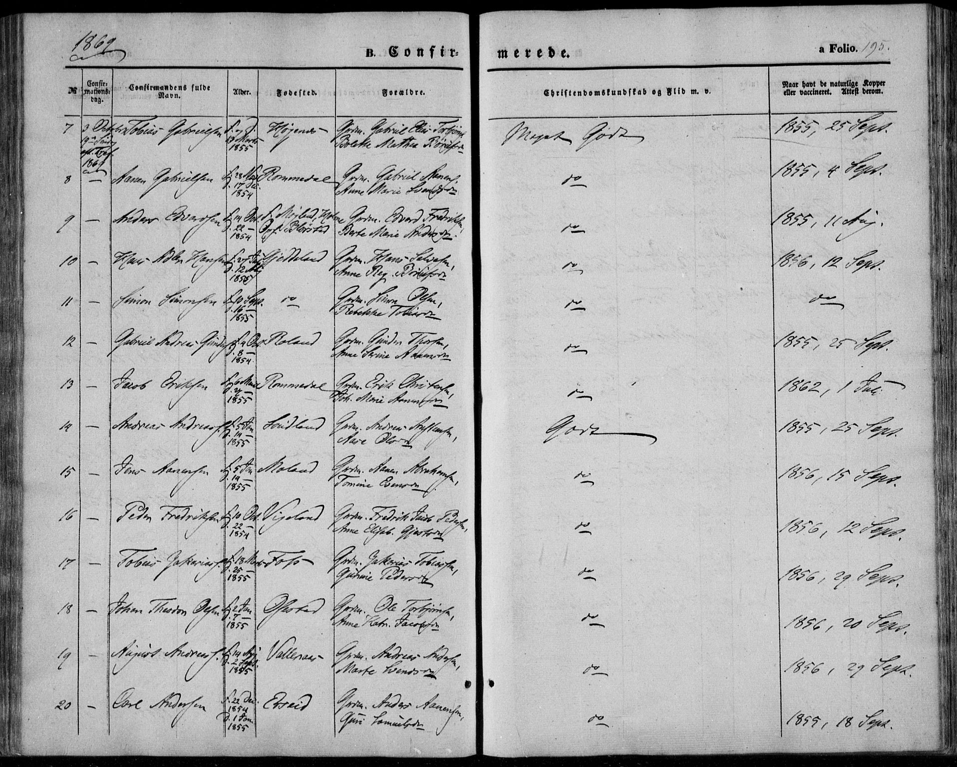 Sør-Audnedal sokneprestkontor, AV/SAK-1111-0039/F/Fa/Fab/L0007: Ministerialbok nr. A 7, 1855-1876, s. 195