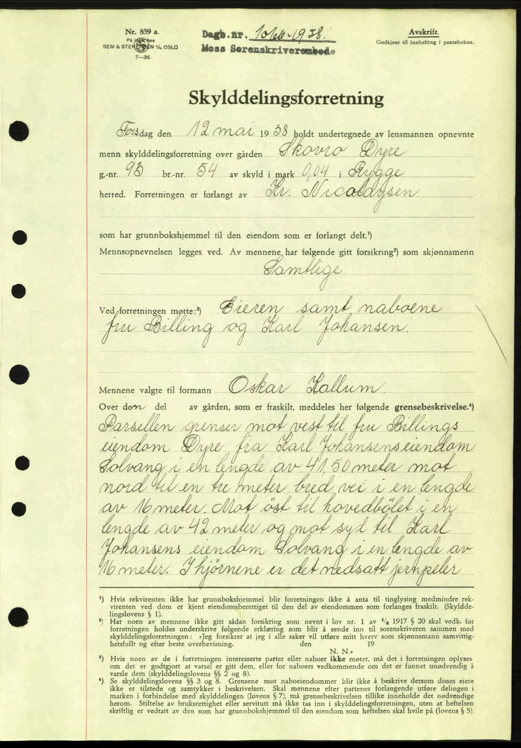 Moss sorenskriveri, SAO/A-10168: Pantebok nr. A4, 1938-1938, Dagboknr: 1066/1938
