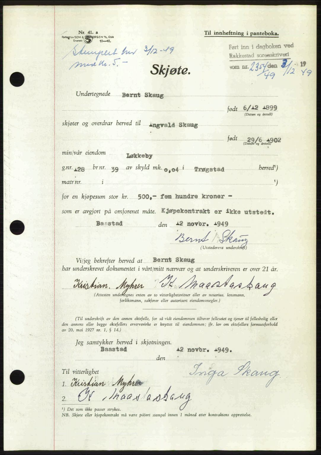 Rakkestad sorenskriveri, SAO/A-10686/G/Gb/Gba/Gbab/L0019: Pantebok nr. A19, 1949-1950, Dagboknr: 2354/1949