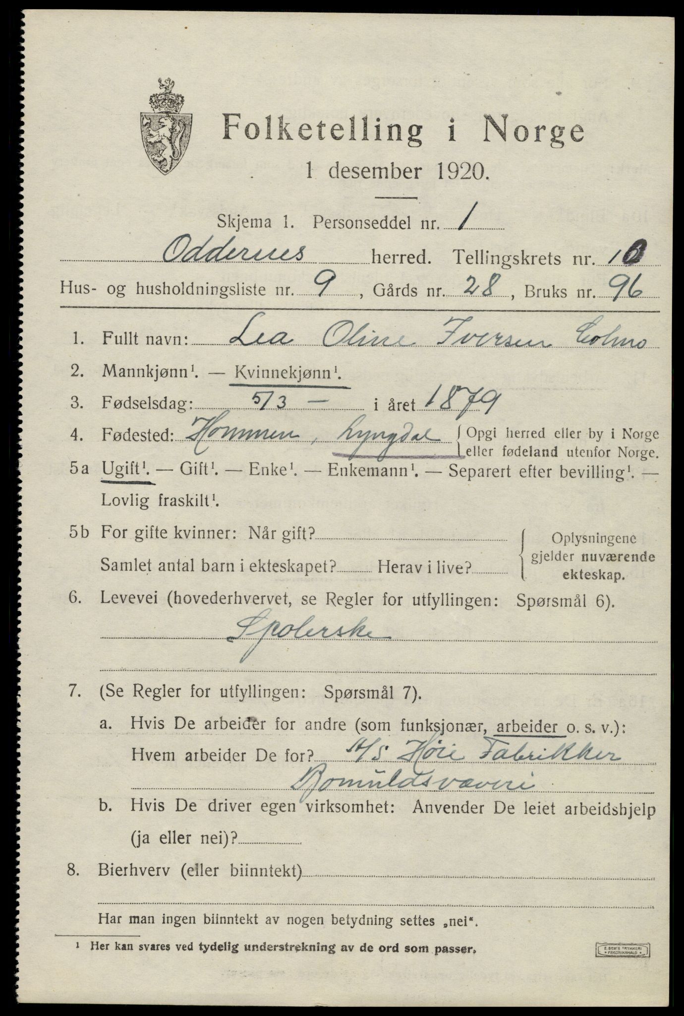 SAK, Folketelling 1920 for 1012 Oddernes herred, 1920, s. 6459
