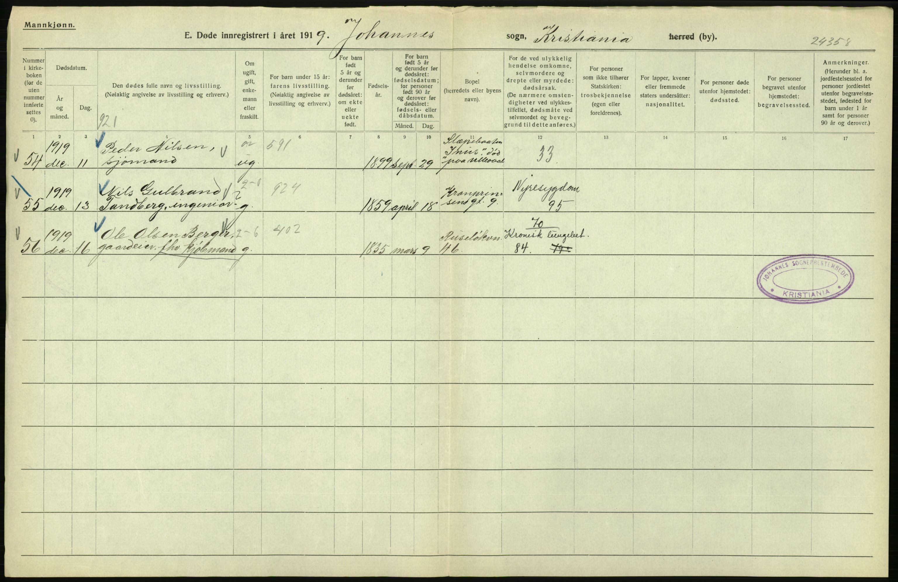 Statistisk sentralbyrå, Sosiodemografiske emner, Befolkning, AV/RA-S-2228/D/Df/Dfb/Dfbi/L0011: Kristiania: Døde, dødfødte, 1919