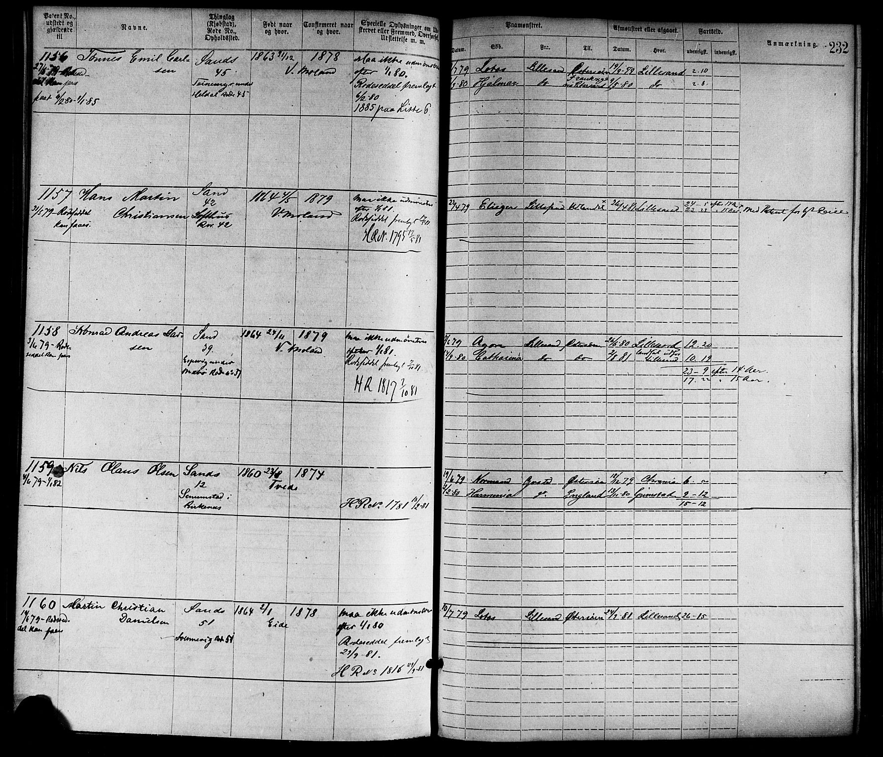 Lillesand mønstringskrets, SAK/2031-0014/F/Fa/L0004: Annotasjonsrulle nr 1-1920 med register, G-1, 1869-1891, s. 258