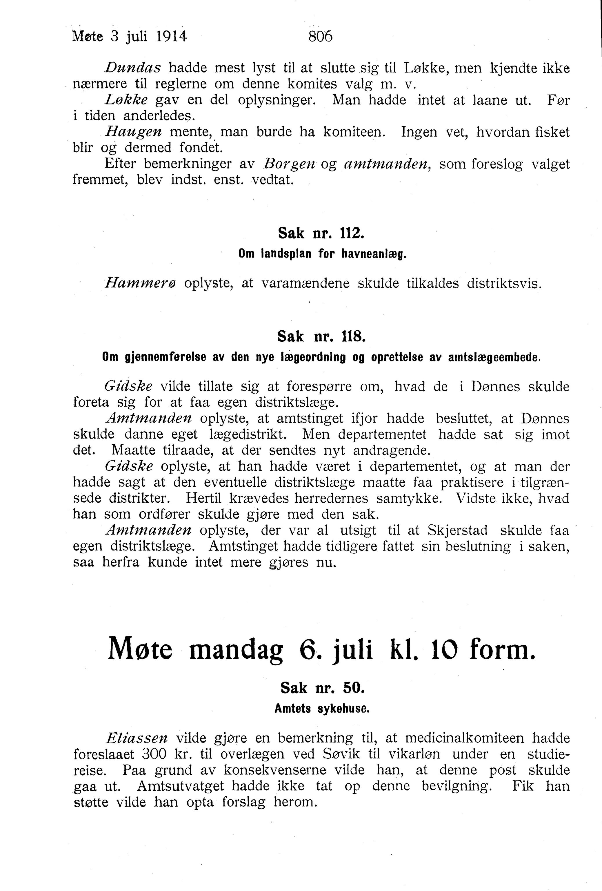 Nordland Fylkeskommune. Fylkestinget, AIN/NFK-17/176/A/Ac/L0037: Fylkestingsforhandlinger 1914, 1914, s. 806