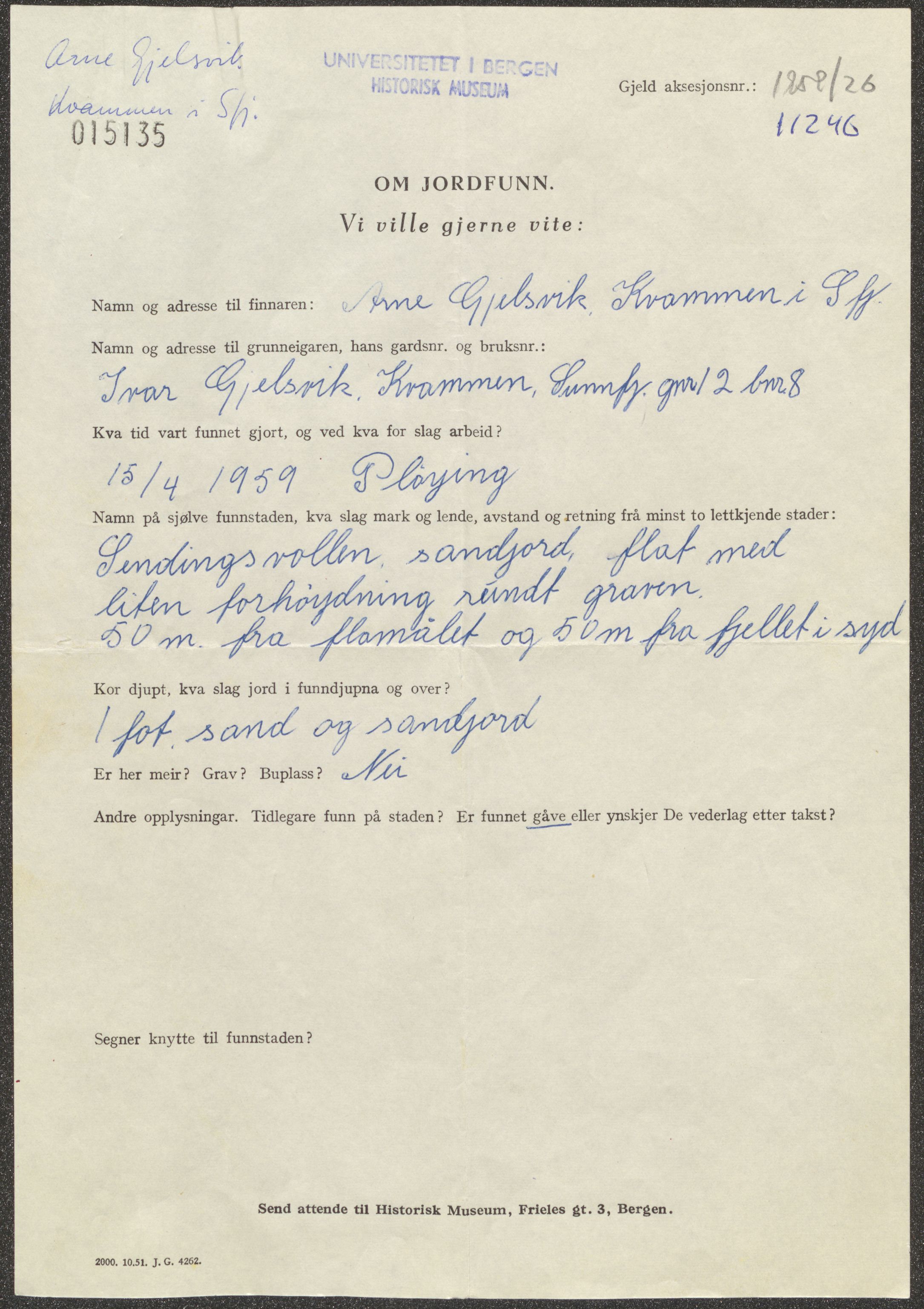 Arkeologiske samlinger, UMB/A003/E/Ea/L0001/0014: Askvoll  / Gjelsvika, gnr. 91, 1947-1986