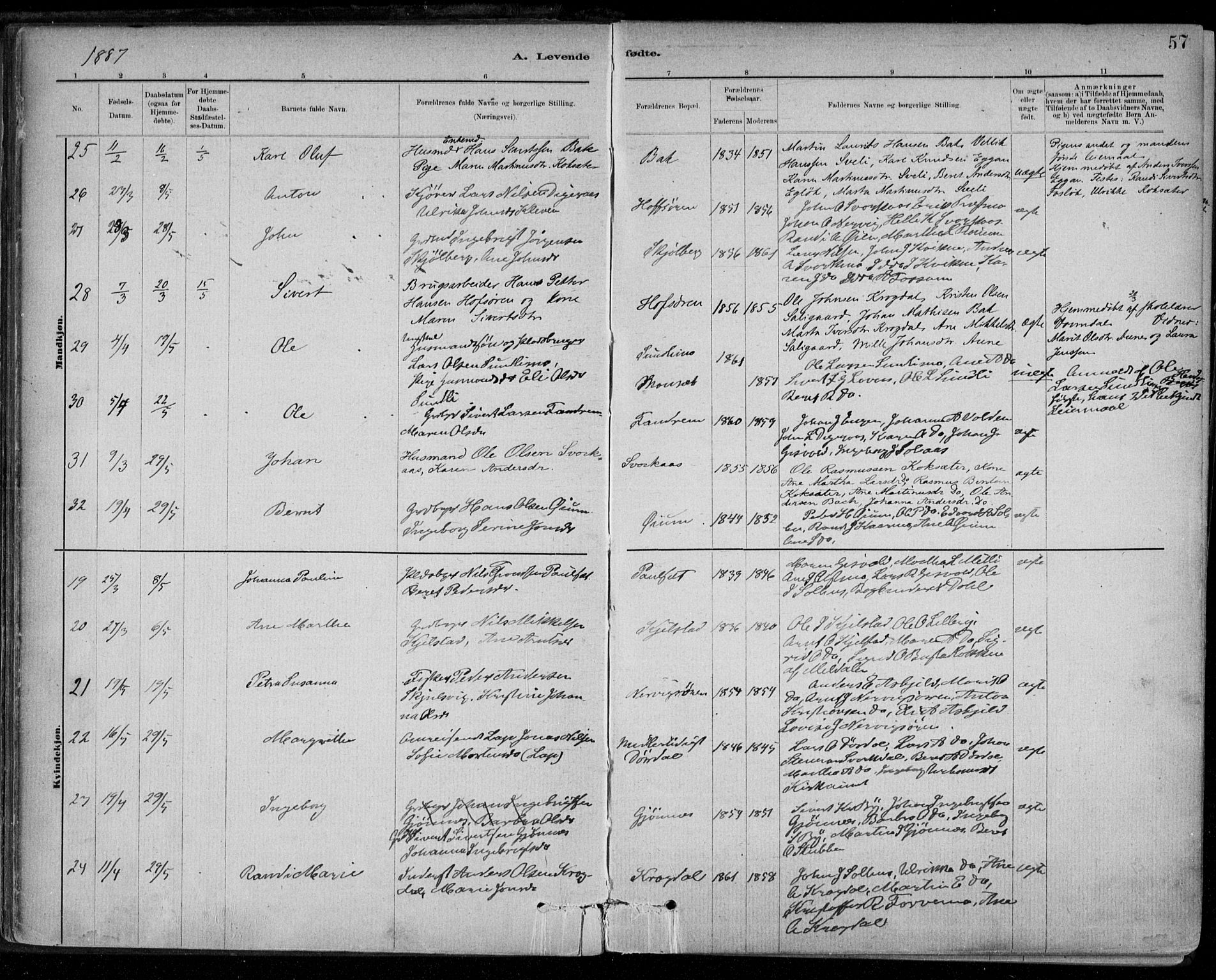 Ministerialprotokoller, klokkerbøker og fødselsregistre - Sør-Trøndelag, SAT/A-1456/668/L0809: Ministerialbok nr. 668A09, 1881-1895, s. 57