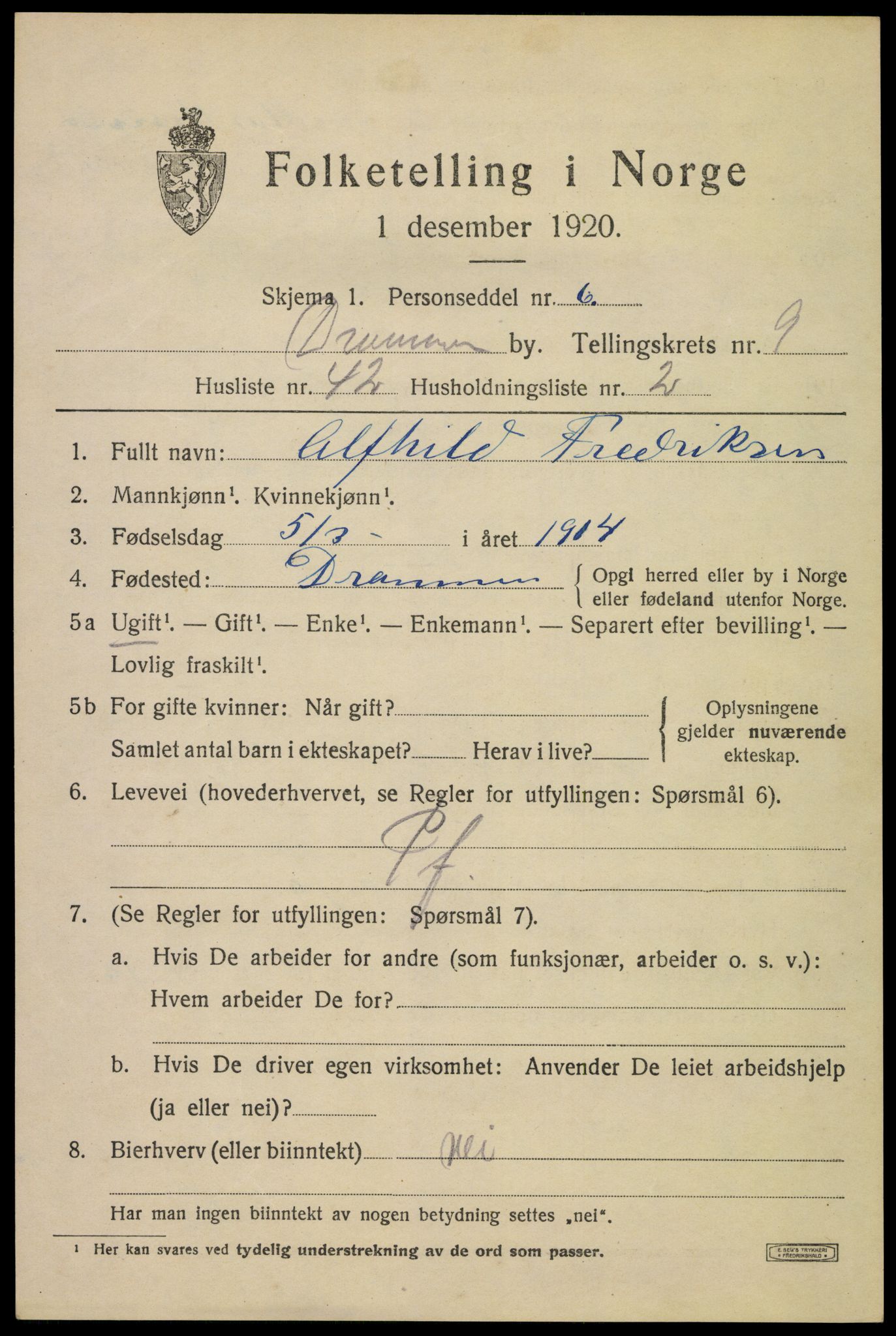SAKO, Folketelling 1920 for 0602 Drammen kjøpstad, 1920, s. 60073