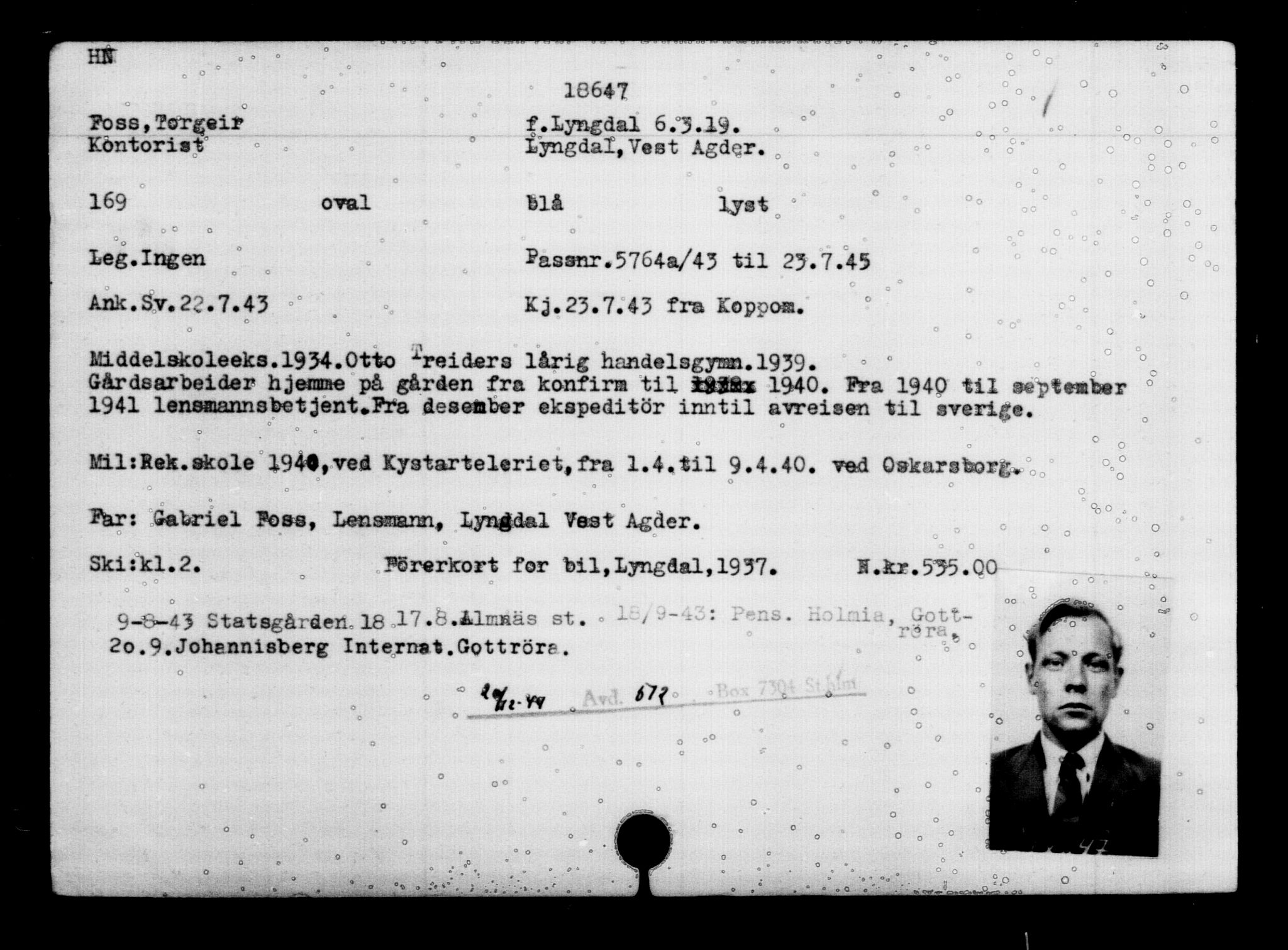 Utenriksstasjonene, Legasjonen i Stockholm, Flyktningkontoret, AV/RA-S-6753/V/Va/L0009: Kjesäterkartoteket, flyktninger med registreringsnr. 18502-22048, 1940-1945, s. 173