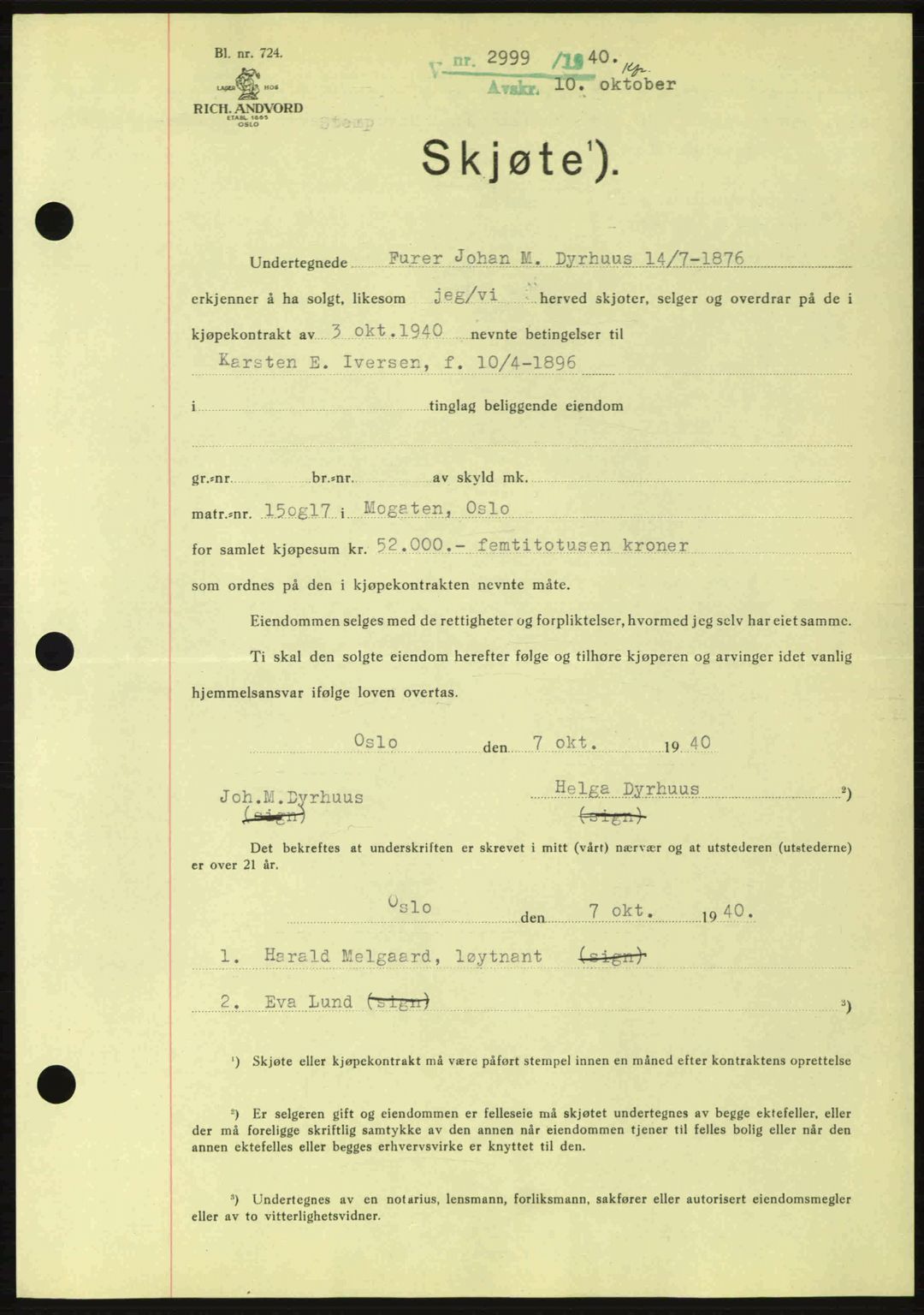 Oslo byskriverembete, SAO/A-10227/G/Gb/Gbb/Gbbb/L0005: Pantebok nr. VA5, 1939-1941, Dagboknr: 2999/1940