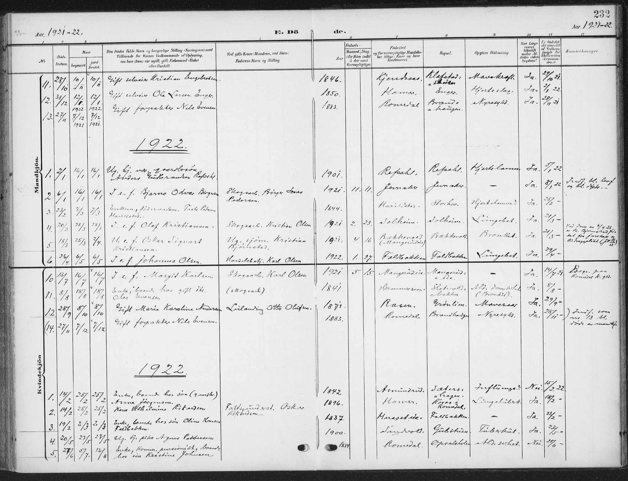 Romedal prestekontor, SAH/PREST-004/K/L0009: Ministerialbok nr. 9, 1906-1929, s. 232