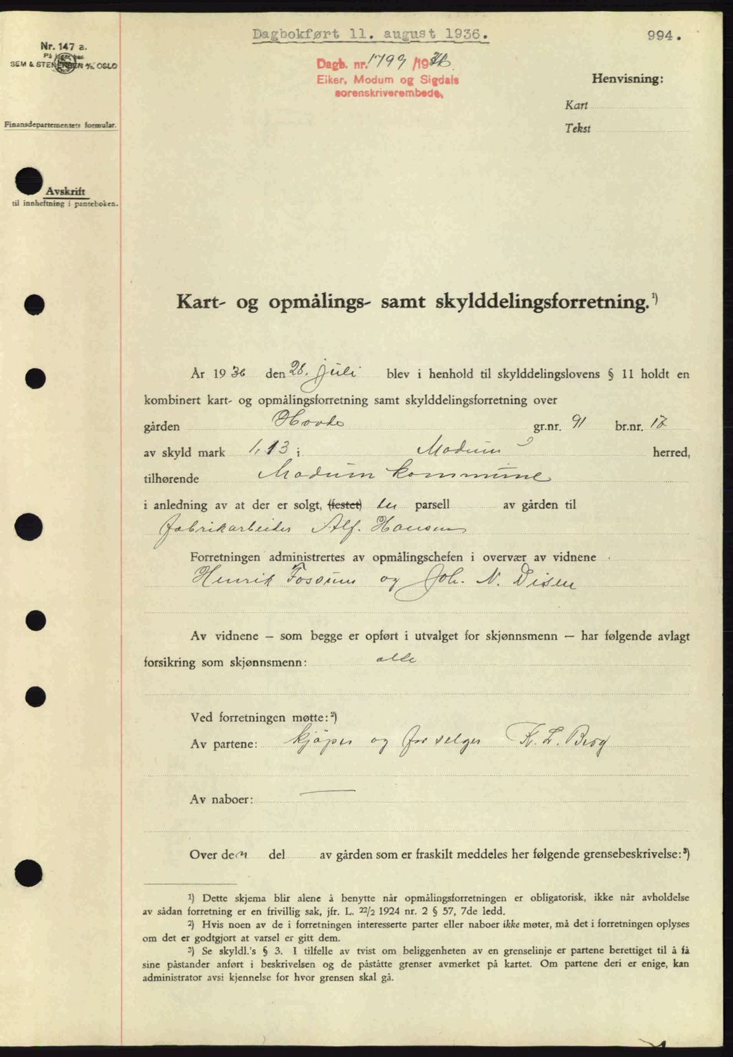 Eiker, Modum og Sigdal sorenskriveri, SAKO/A-123/G/Ga/Gab/L0032: Pantebok nr. A2, 1936-1936, Dagboknr: 1799/1936