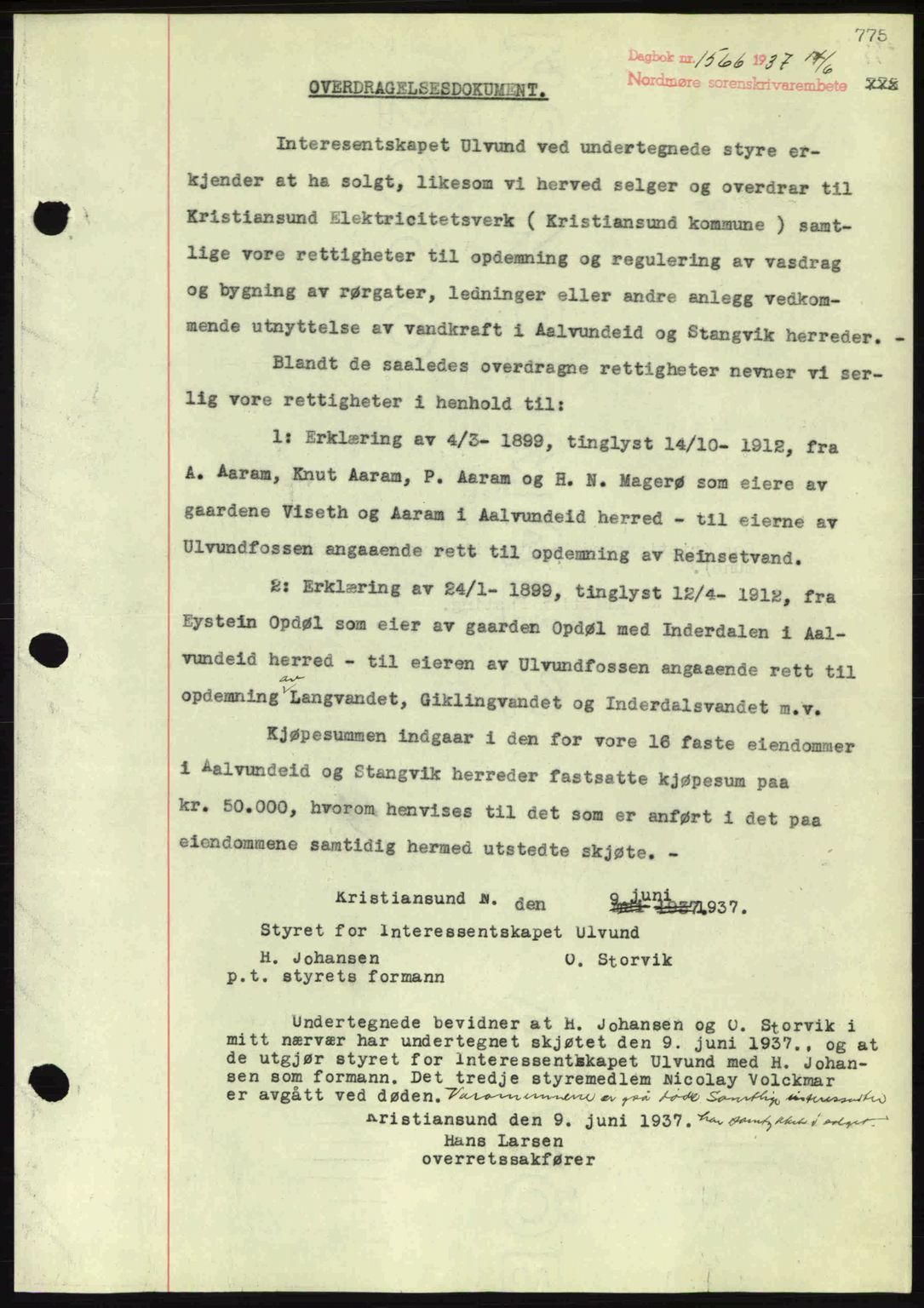 Nordmøre sorenskriveri, SAT/A-4132/1/2/2Ca: Pantebok nr. A81, 1937-1937, Dagboknr: 1566/1937