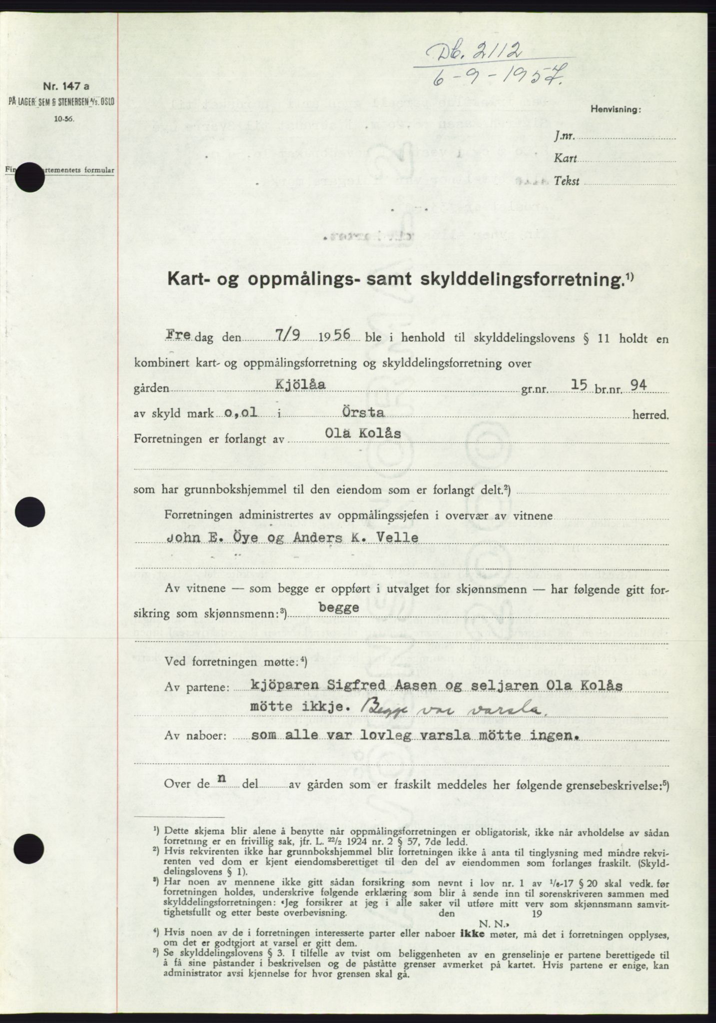 Søre Sunnmøre sorenskriveri, SAT/A-4122/1/2/2C/L0107: Pantebok nr. 33A, 1957-1957, Dagboknr: 2112/1957