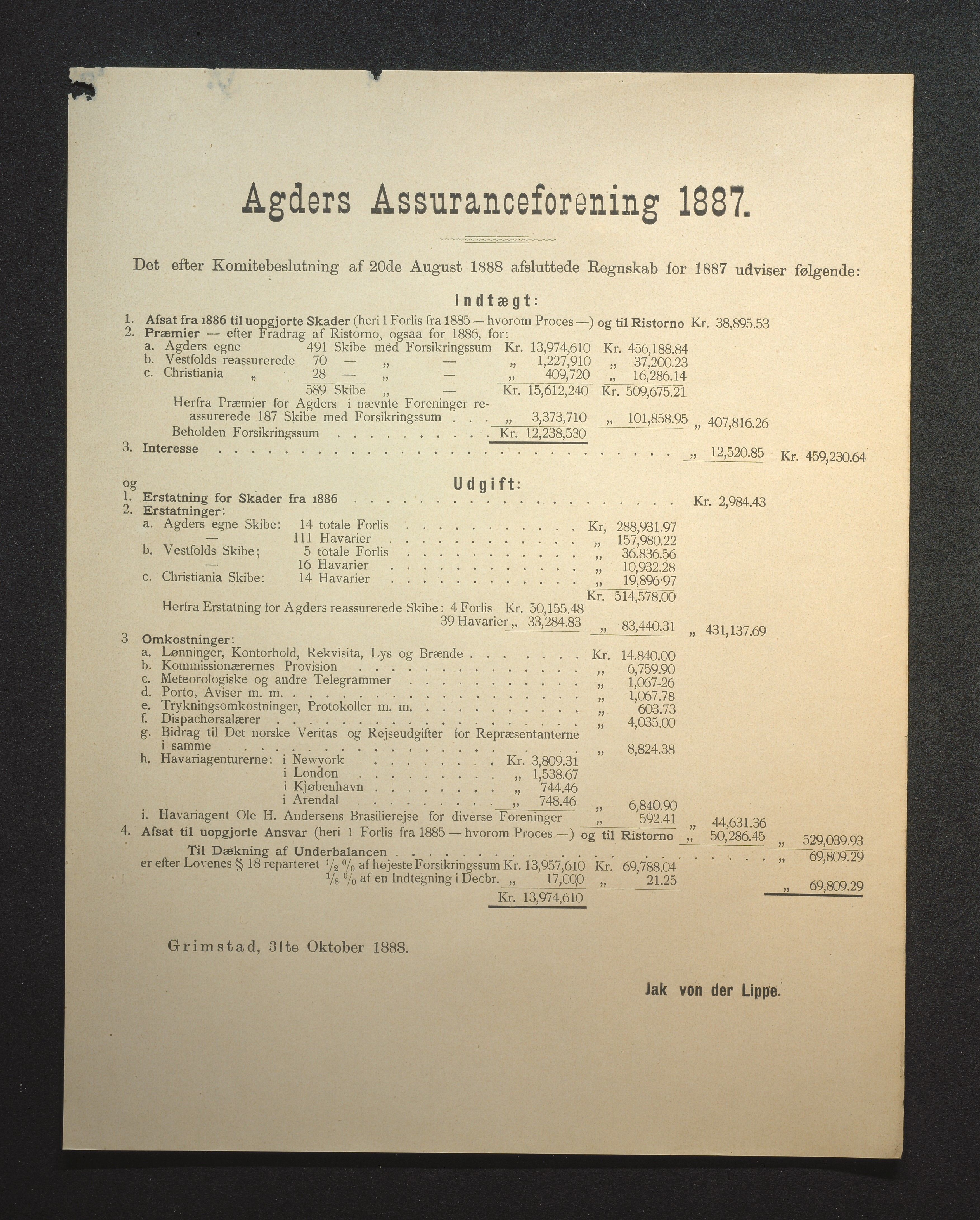 Agders Gjensidige Assuranceforening, AAKS/PA-1718/05/L0002: Regnskap, seilavdeling, pakkesak, 1881-1889