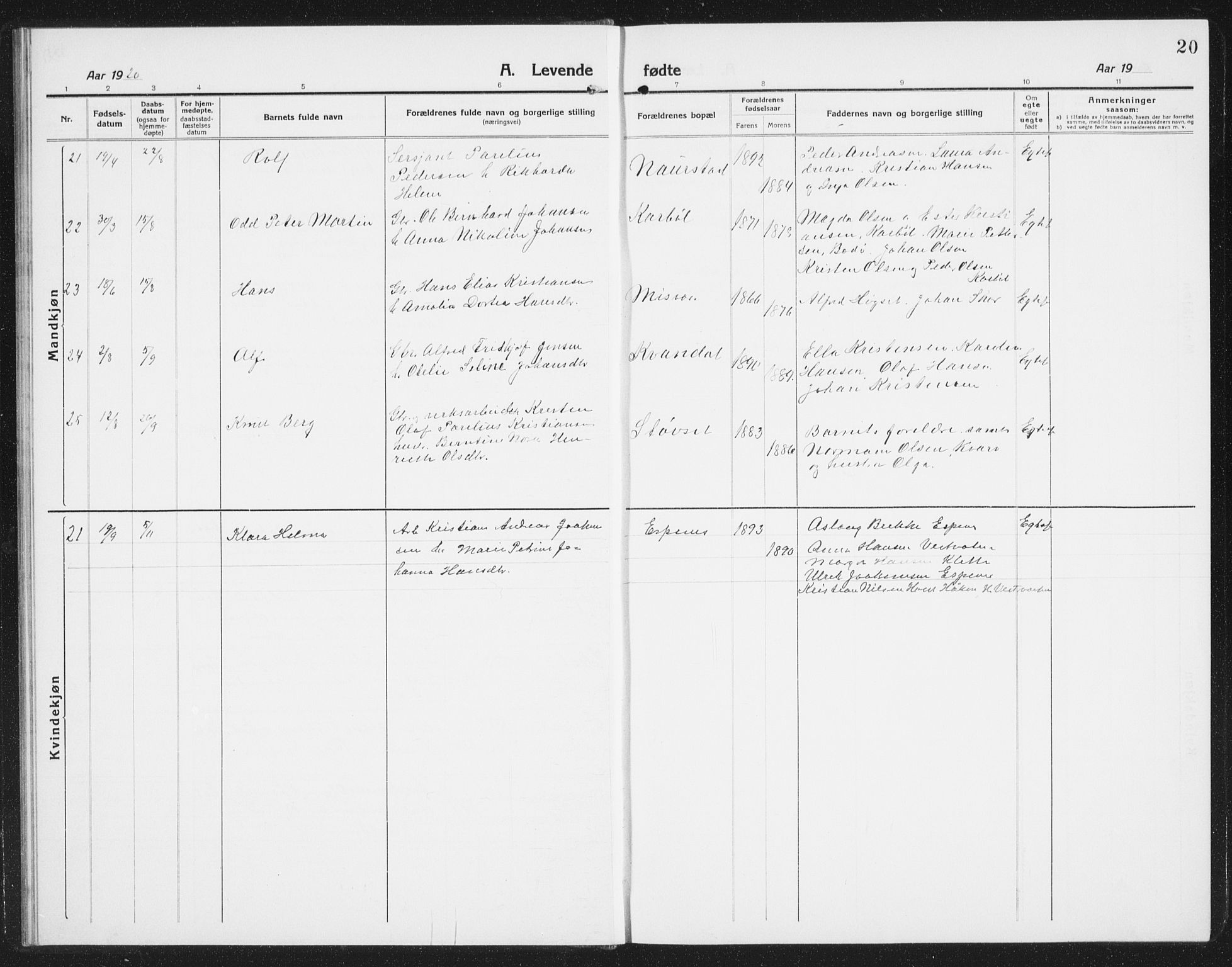 Ministerialprotokoller, klokkerbøker og fødselsregistre - Nordland, AV/SAT-A-1459/852/L0757: Klokkerbok nr. 852C08, 1916-1934, s. 20