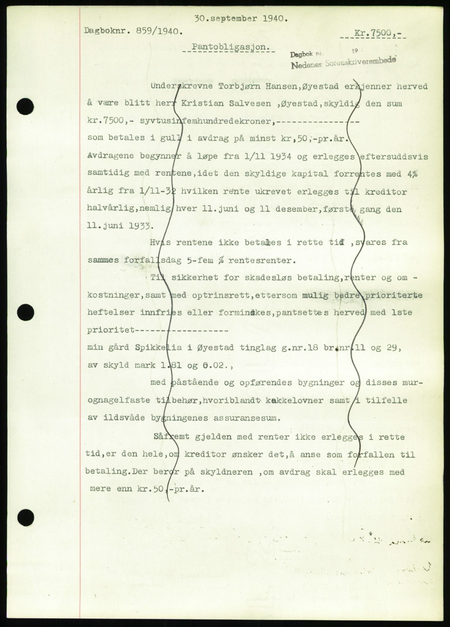 Nedenes sorenskriveri, SAK/1221-0006/G/Gb/Gbb/L0001: Pantebok nr. I, 1939-1942, Dagboknr: 859/1940