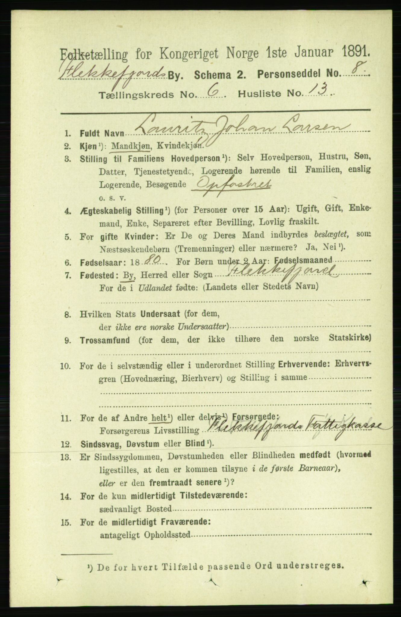 RA, Folketelling 1891 for 1004 Flekkefjord kjøpstad, 1891, s. 1274