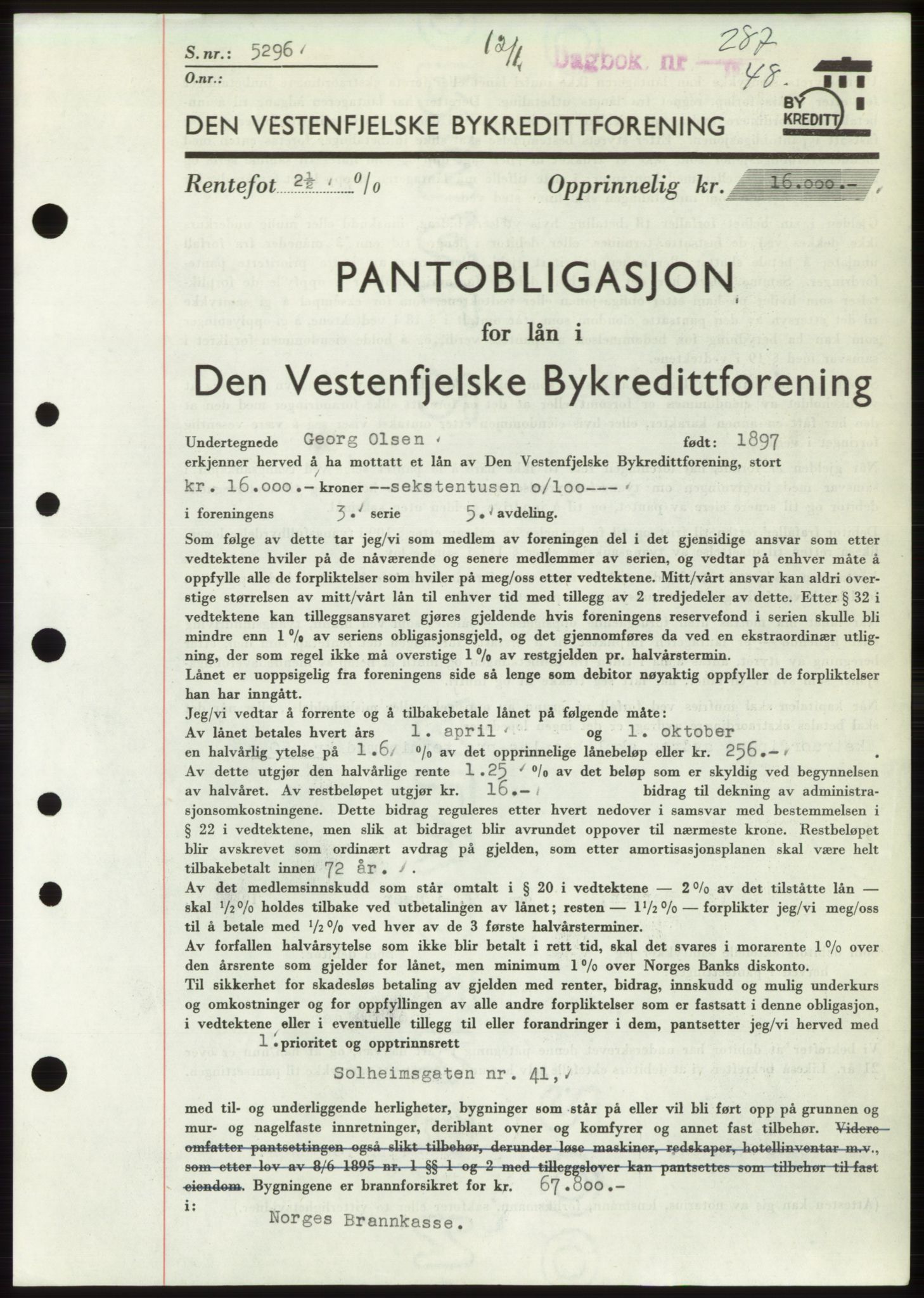 Byfogd og Byskriver i Bergen, AV/SAB-A-3401/03/03Bd/L0003: Pantebok nr. B29-39, 1947-1950, Dagboknr: 287/1948