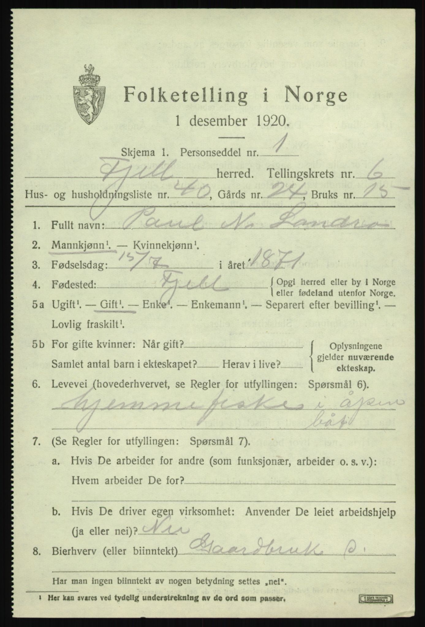 SAB, Folketelling 1920 for 1246 Fjell herred, 1920, s. 5776