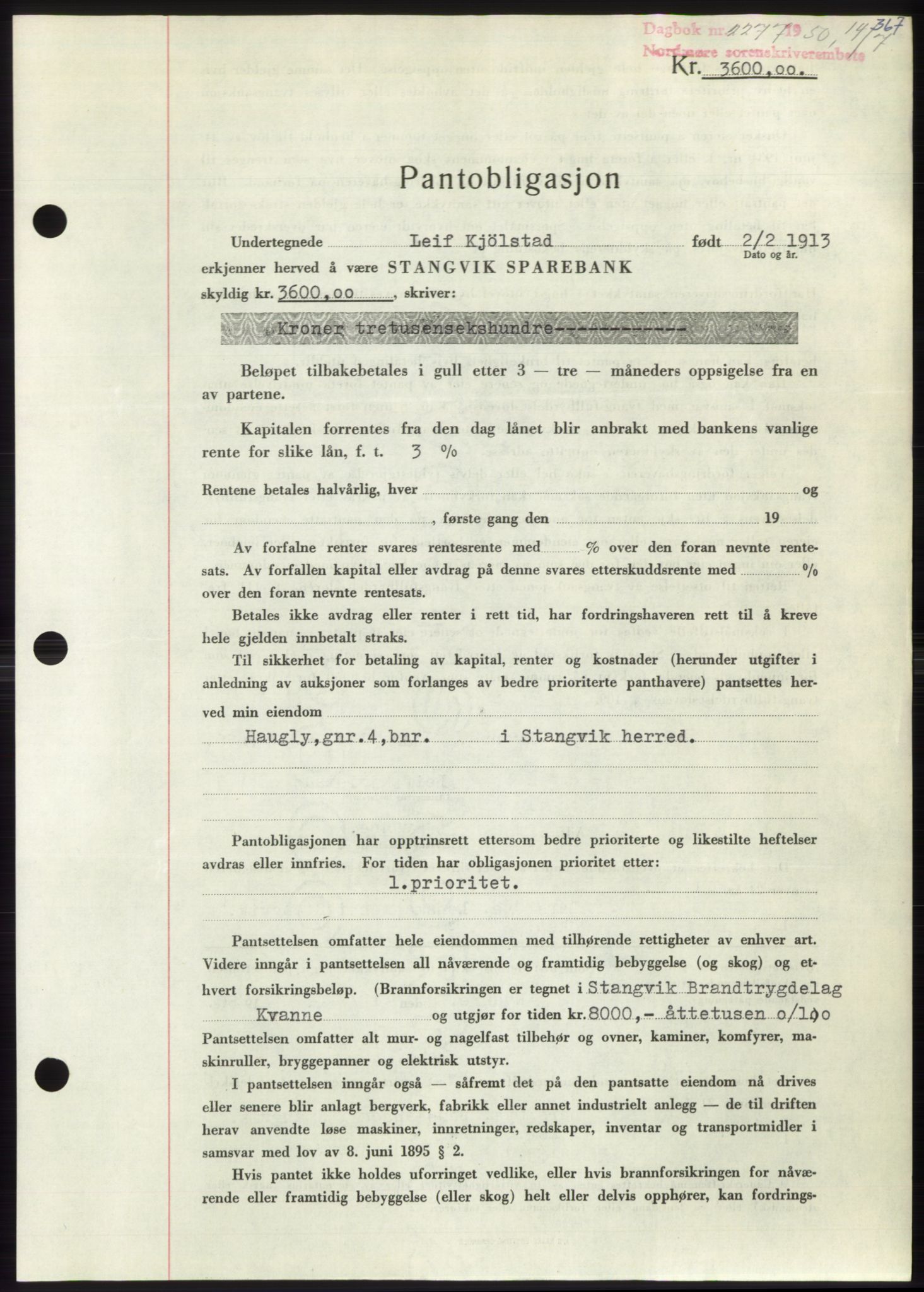 Nordmøre sorenskriveri, AV/SAT-A-4132/1/2/2Ca: Pantebok nr. B105, 1950-1950, Dagboknr: 2277/1950